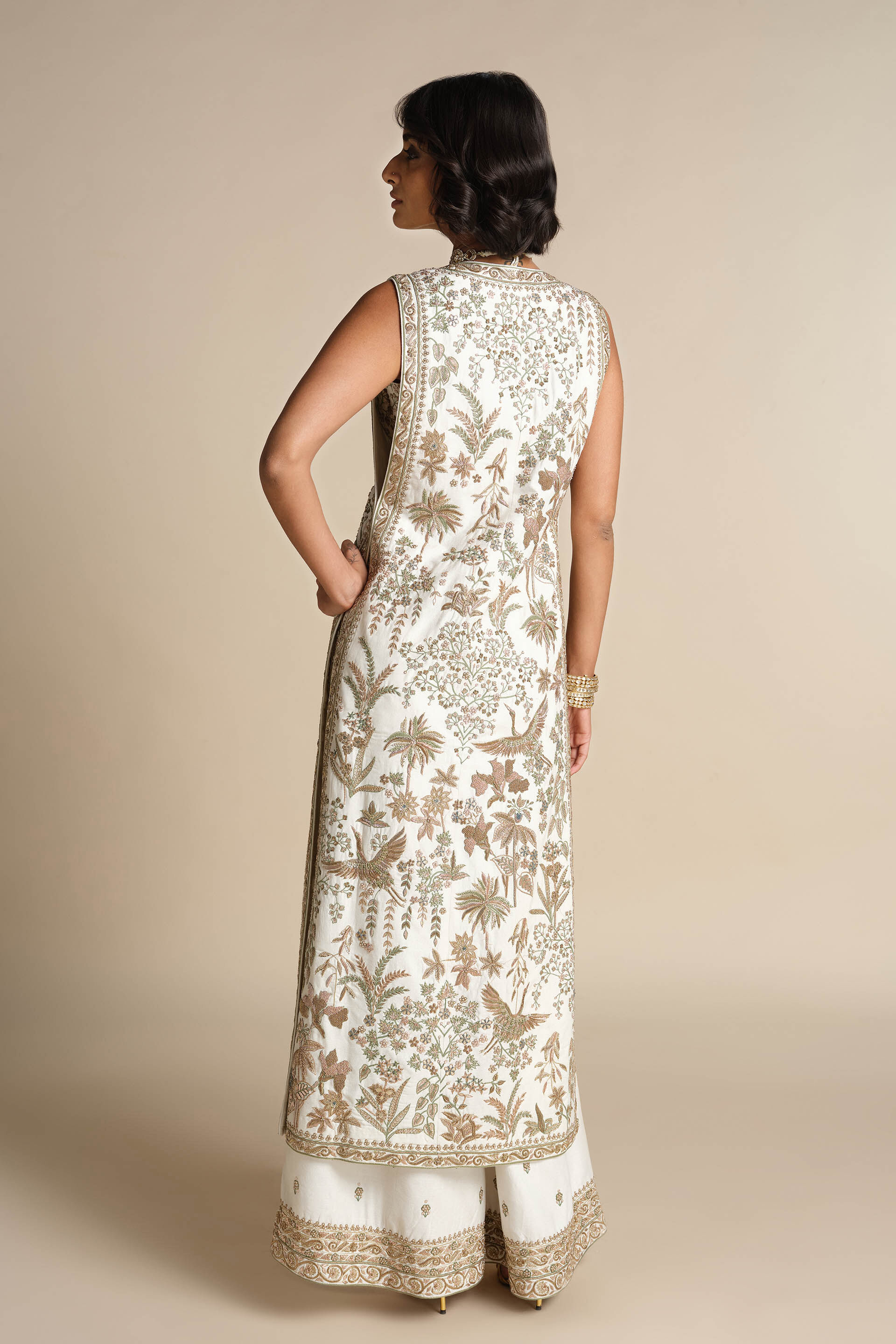 Aralai Embroidered Zardozi Silk Jacket Set - White, Cream, image 2