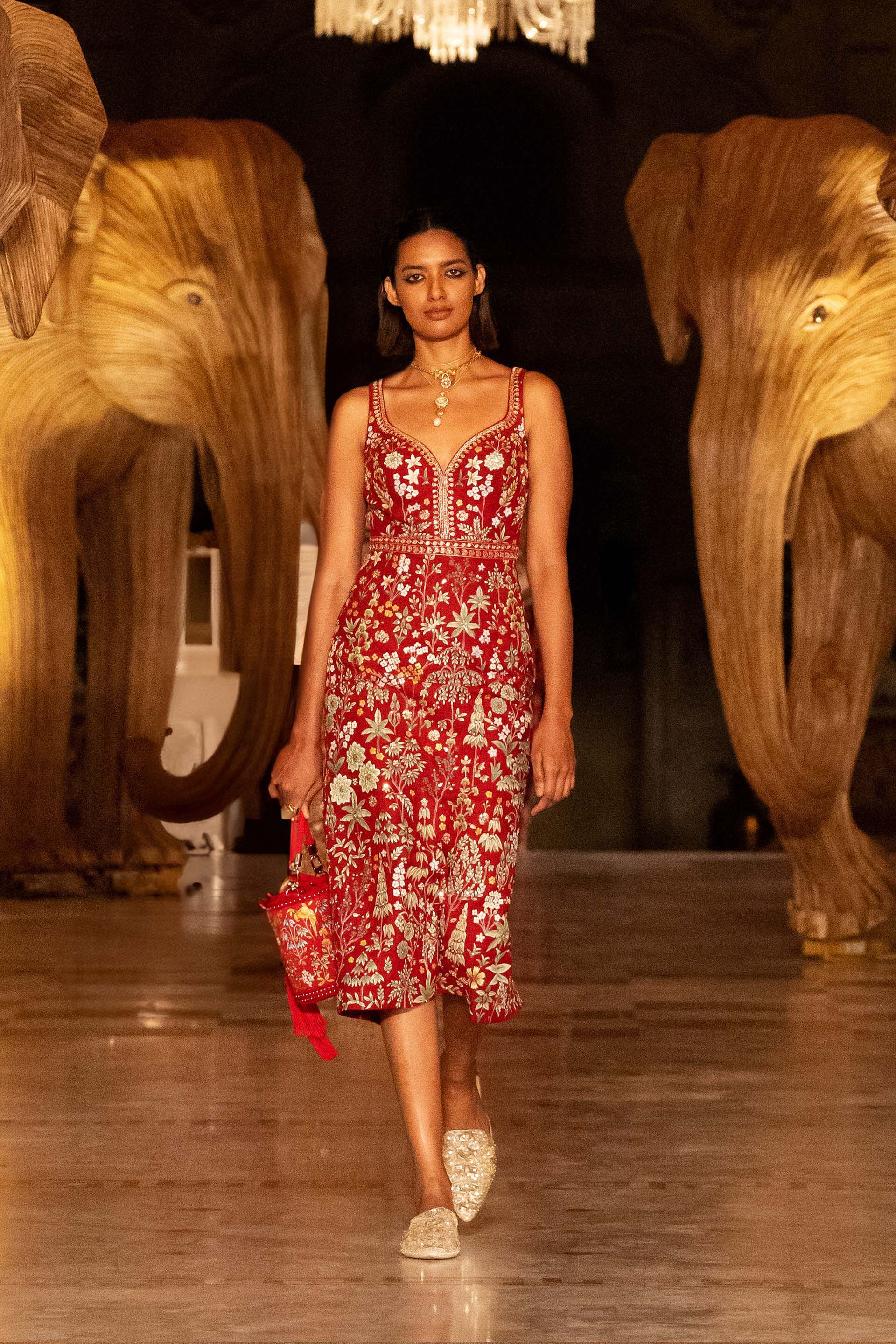 Ballad Of The Wild Hand painted Pichhwai Silk Dress Red