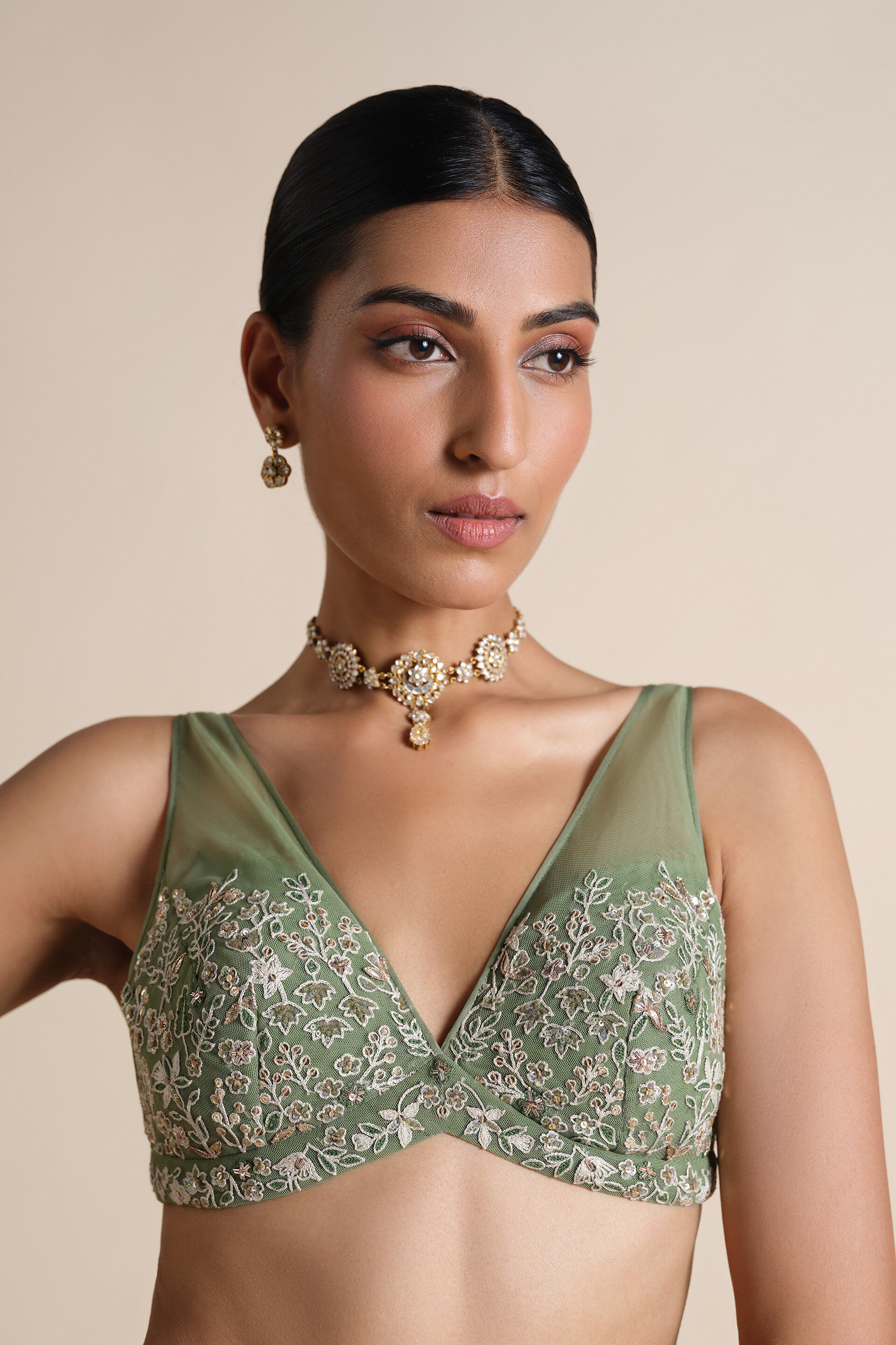 Elodea Embroidered Georgette Choli - Sage, Sage, image 1