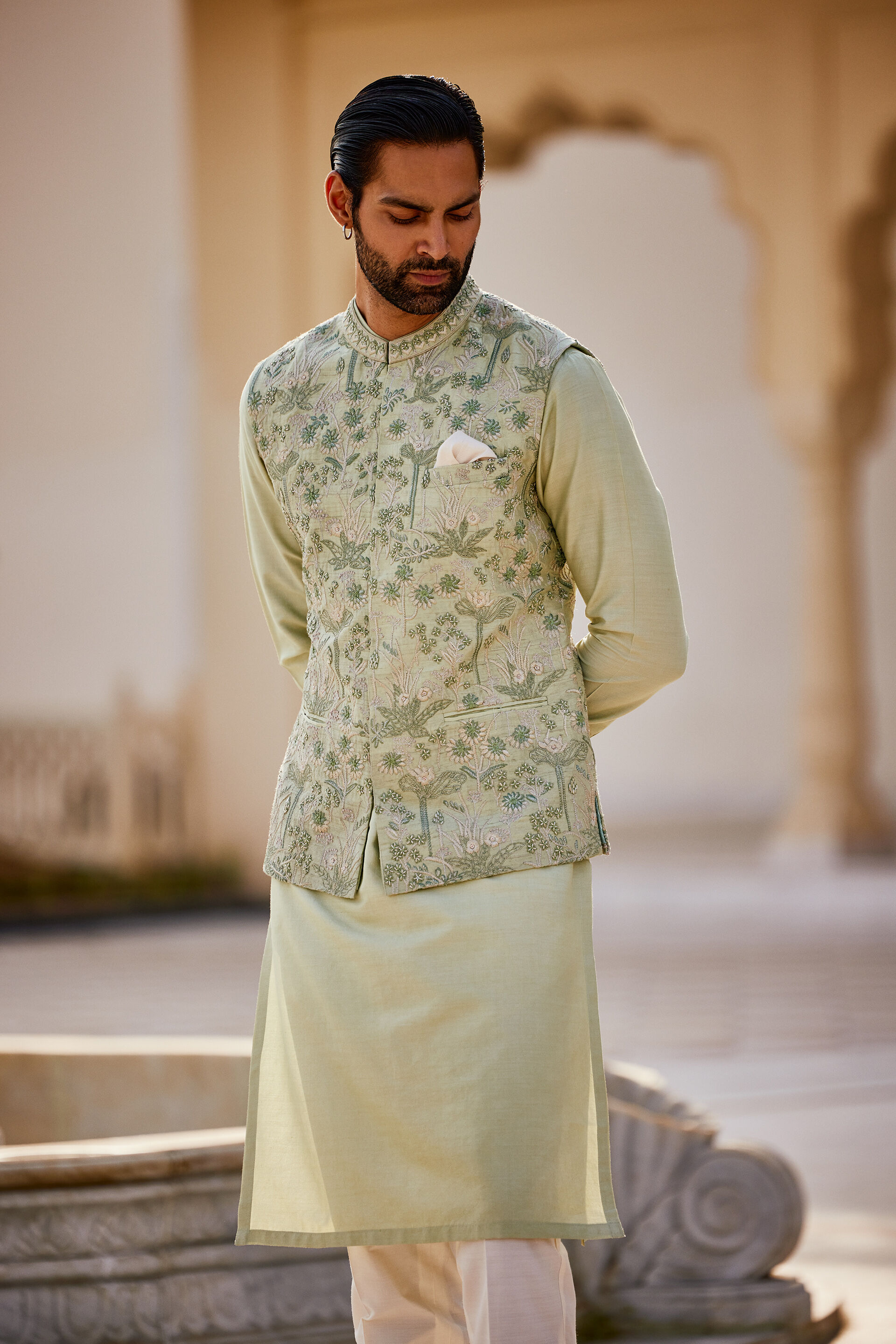 Balfour Embroidered Silk Nehru Jacket - Sage, Sage, image 4
