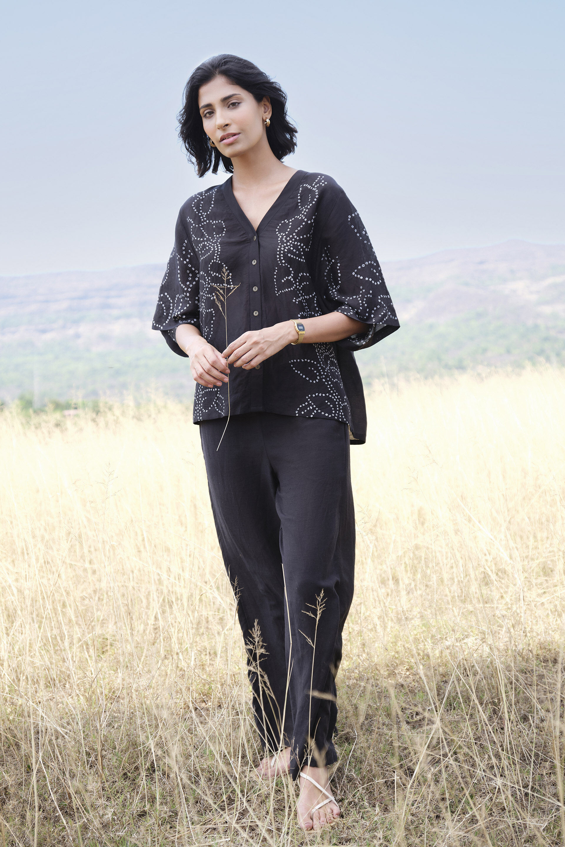 Moorland Handcrafted Bandhani Linen Co-ord - Black