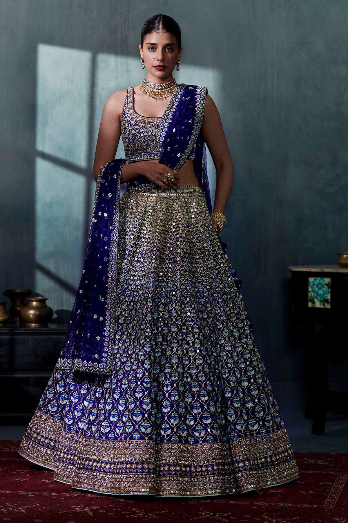 Jewellery on blue lehenga on sale