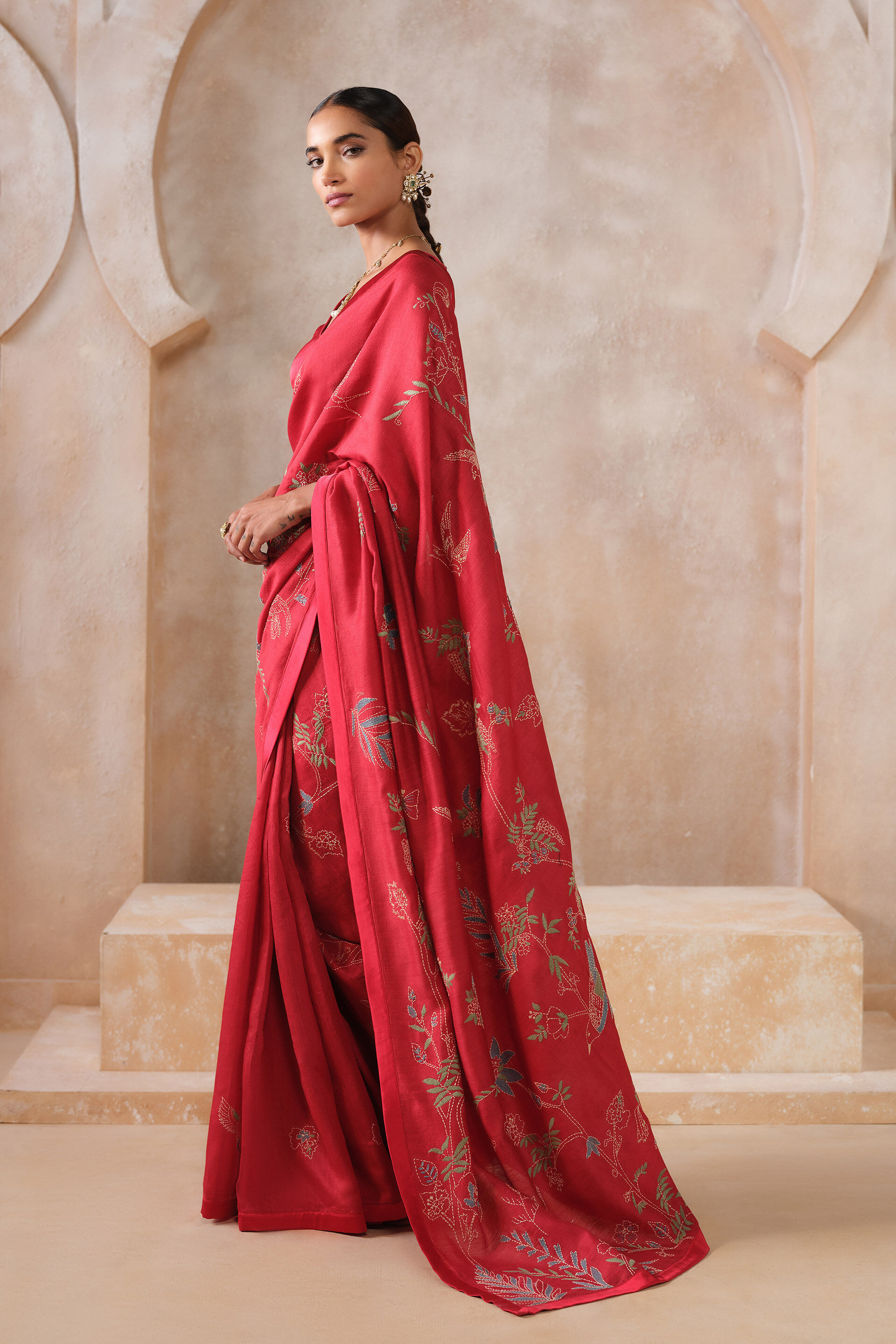 Corcoran Hand-embroidered Kantha Silk Saree - Red, Red, image 3