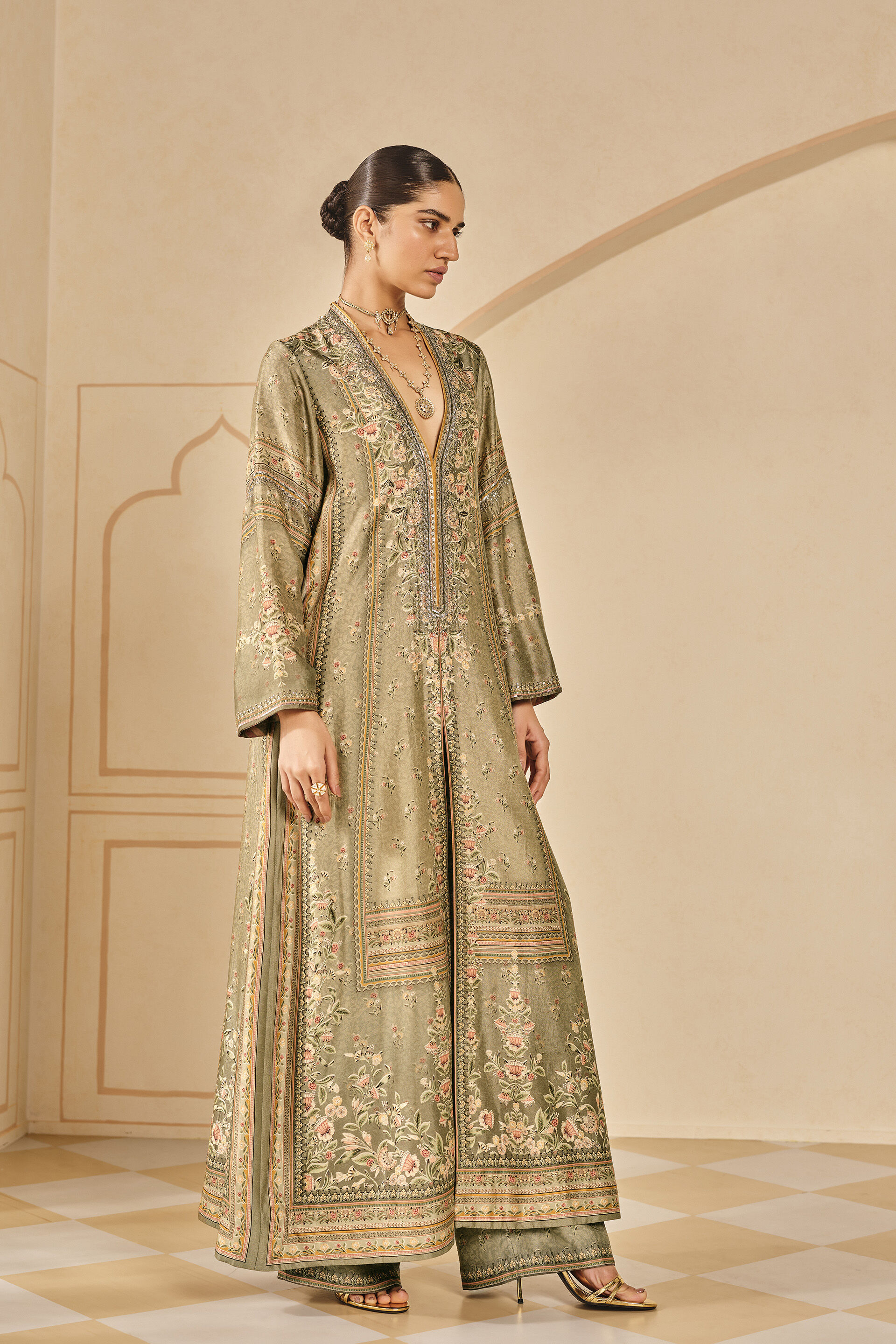 Buy Designer Laraline Printed Silk Jacket Set grey Online from Anita