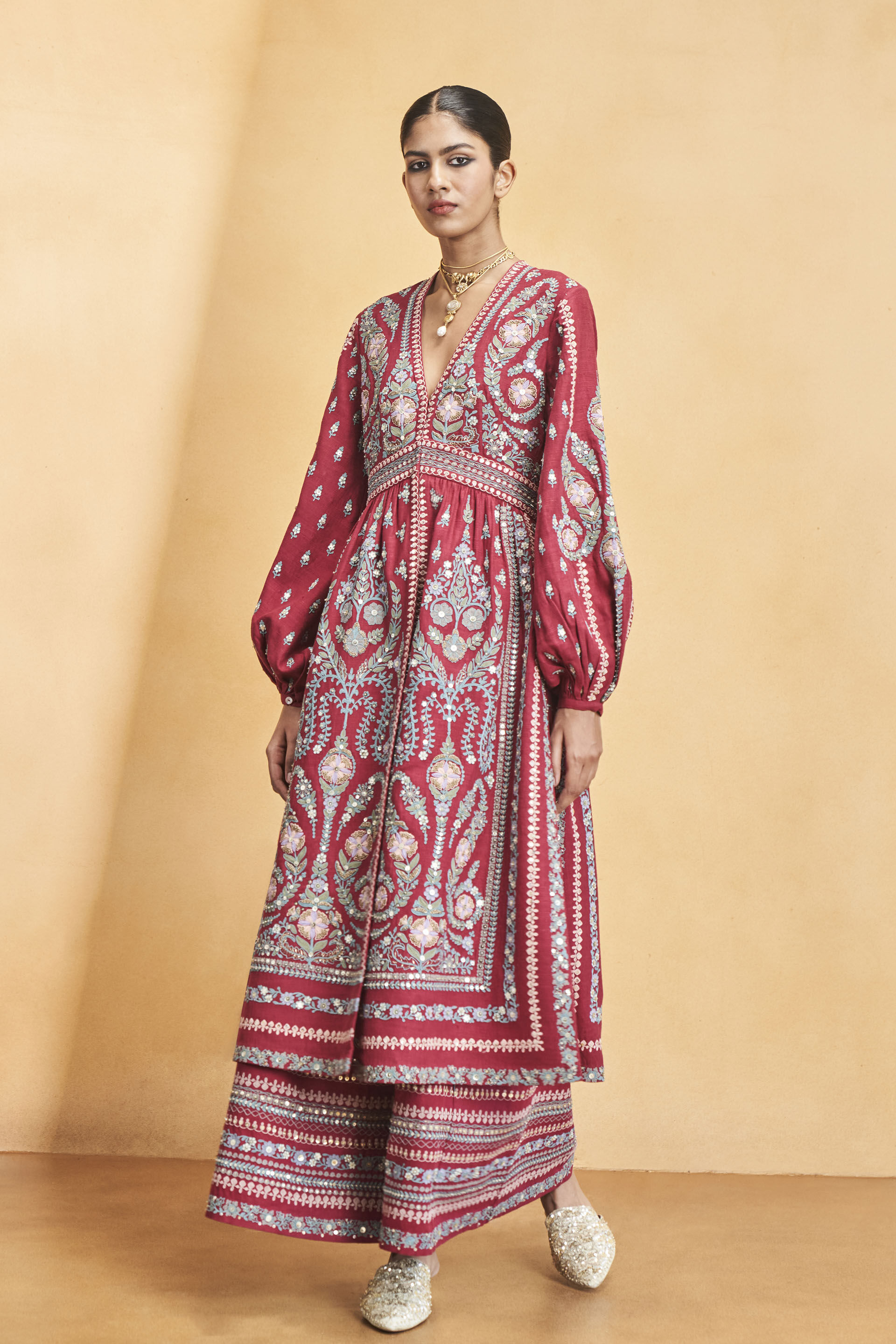 Into The Wilderness Zardozi & Cord Silk Kurta Set - Wine, Wine, image 1