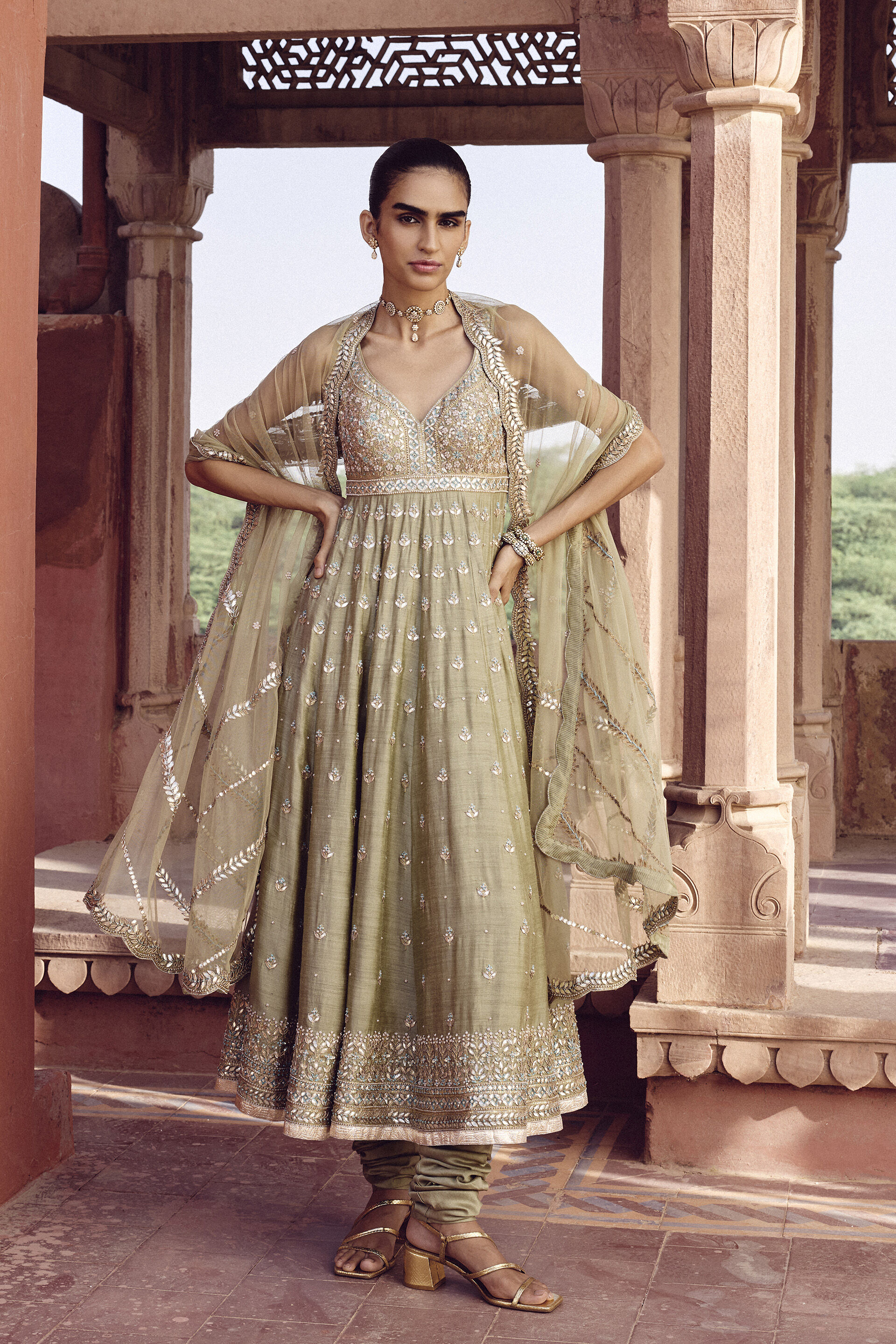 Bhuvana Gota Patti Silk Anarkali Set - Sage