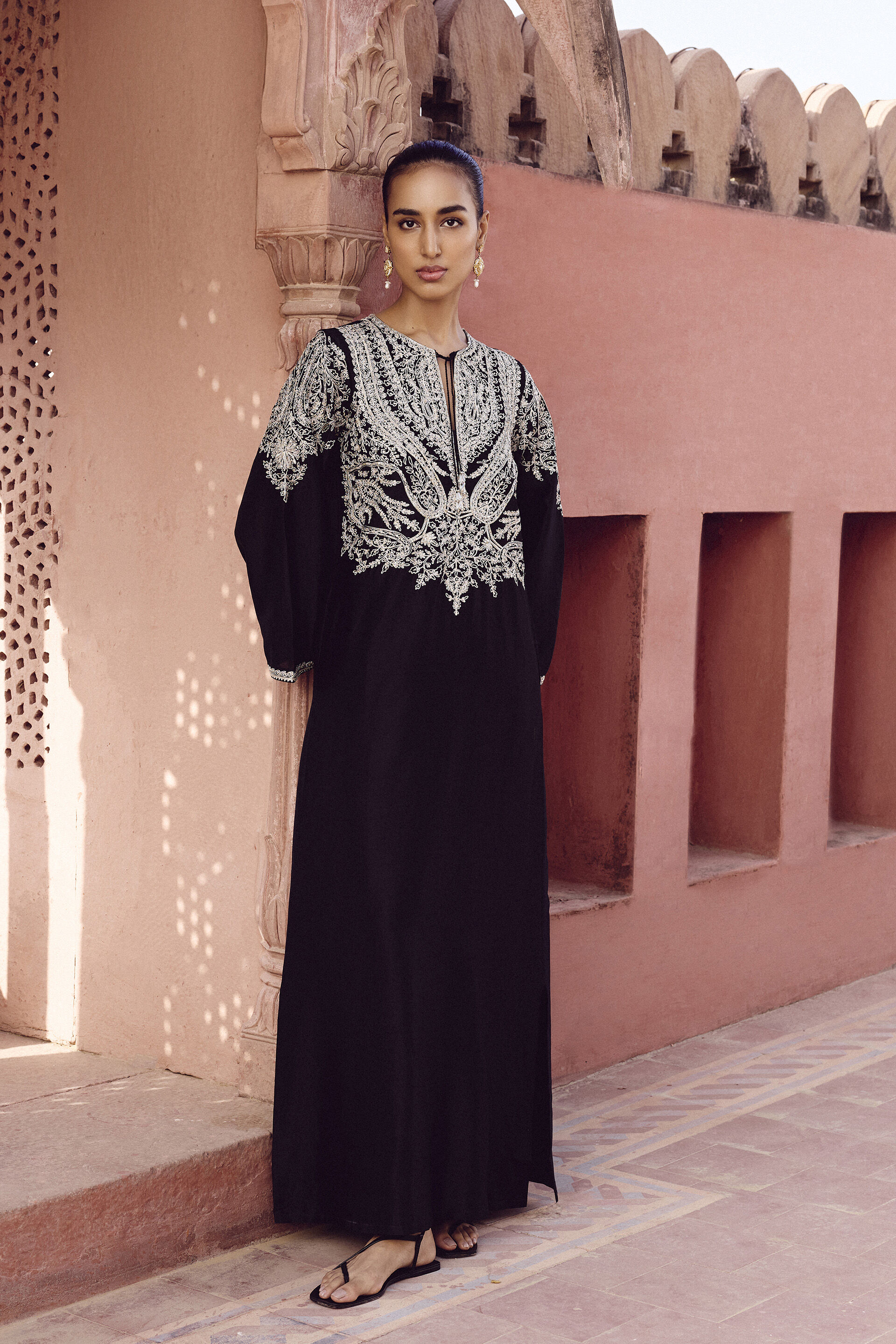 Sehrish Hand-embroidered Aari Silk Kaftan - Black