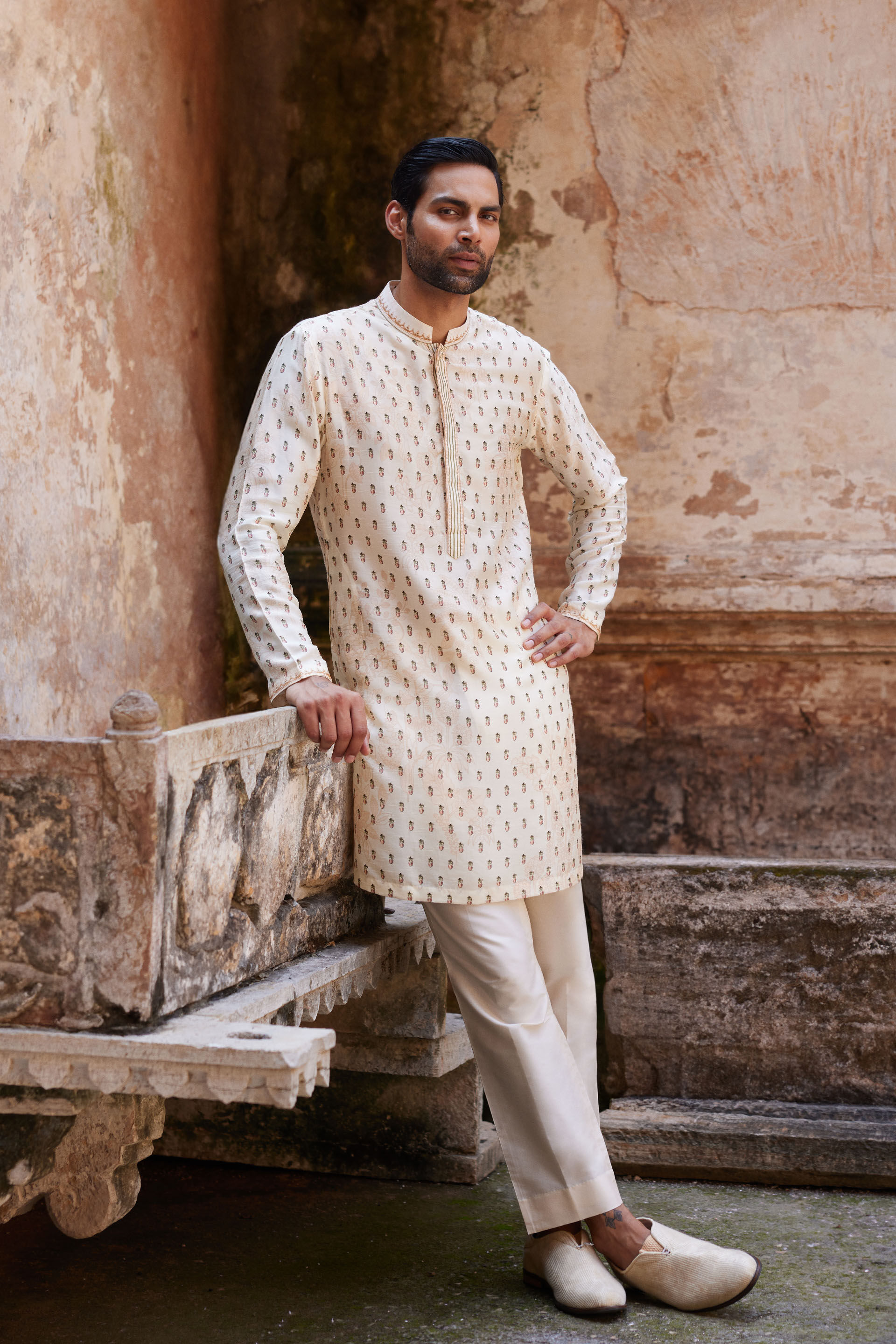 Kalhar Printed Silk Kurta - Ivory