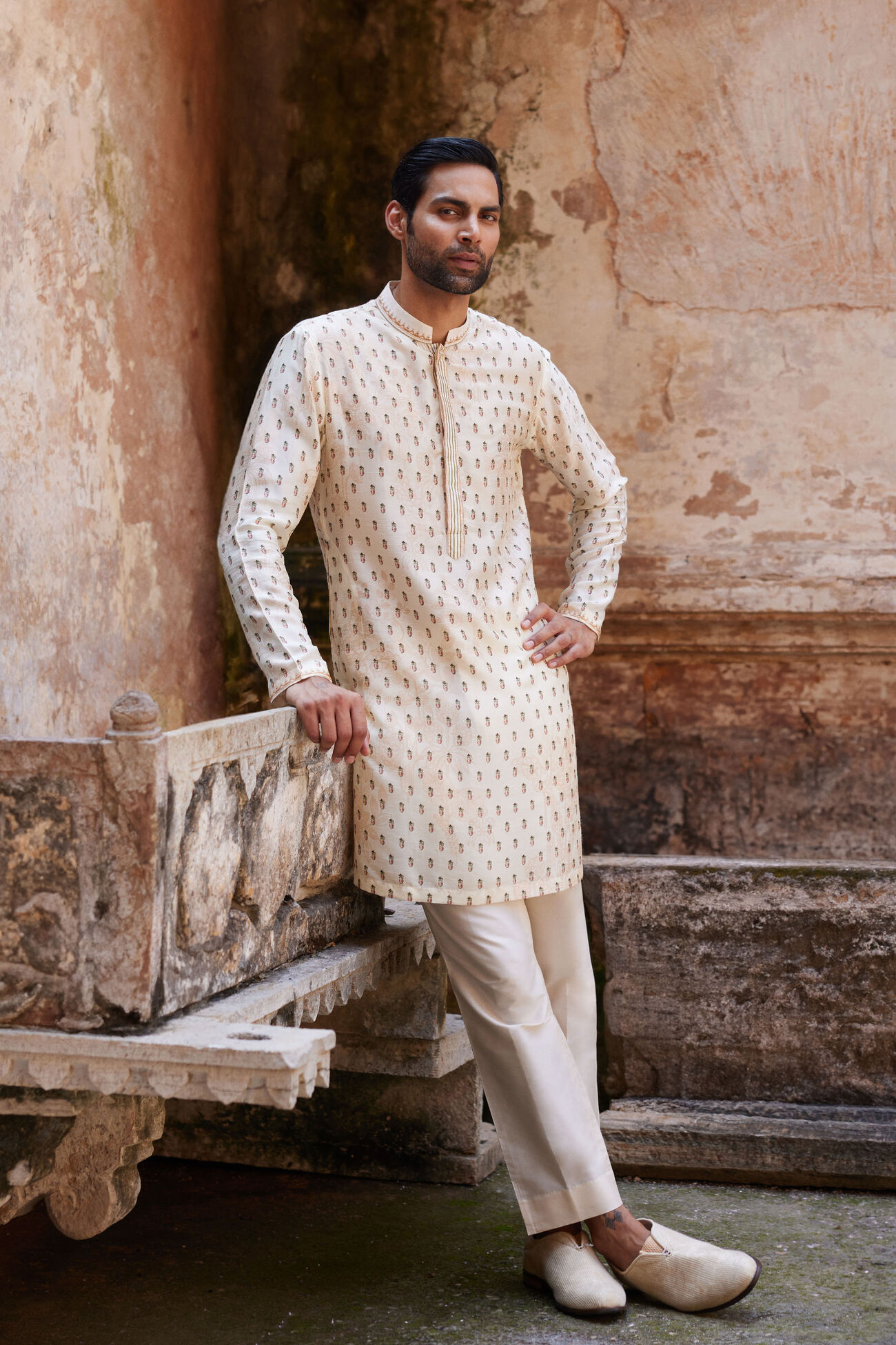 Buy Designer Kalhar Printed Silk Kurta Ivory Online from Anita