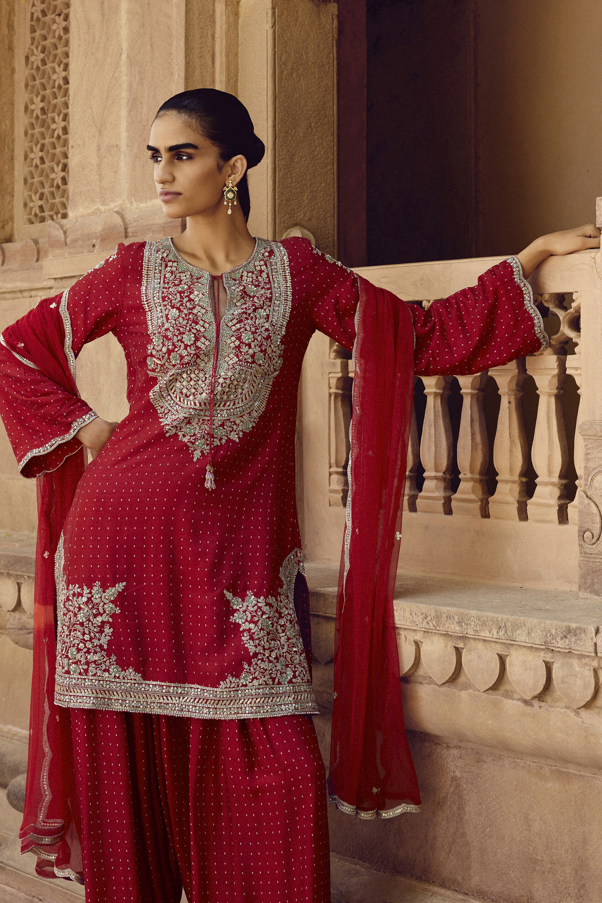 Sindhura Embroidered Silk Short Suit Set - Red, Red, image 3
