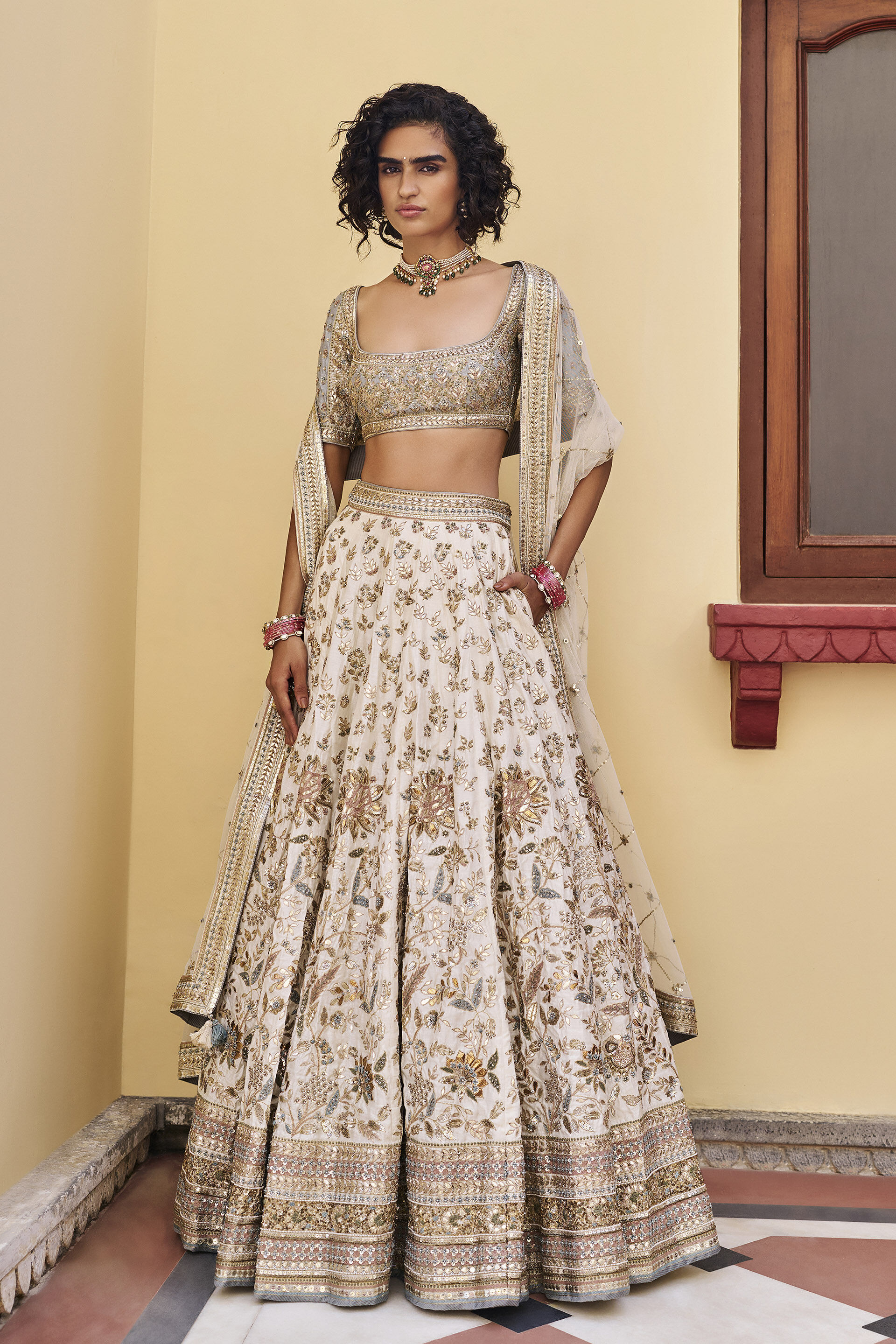 Kinship Gota Patti Silk Lehenga Set - ​Ivory, Ivory, image 1