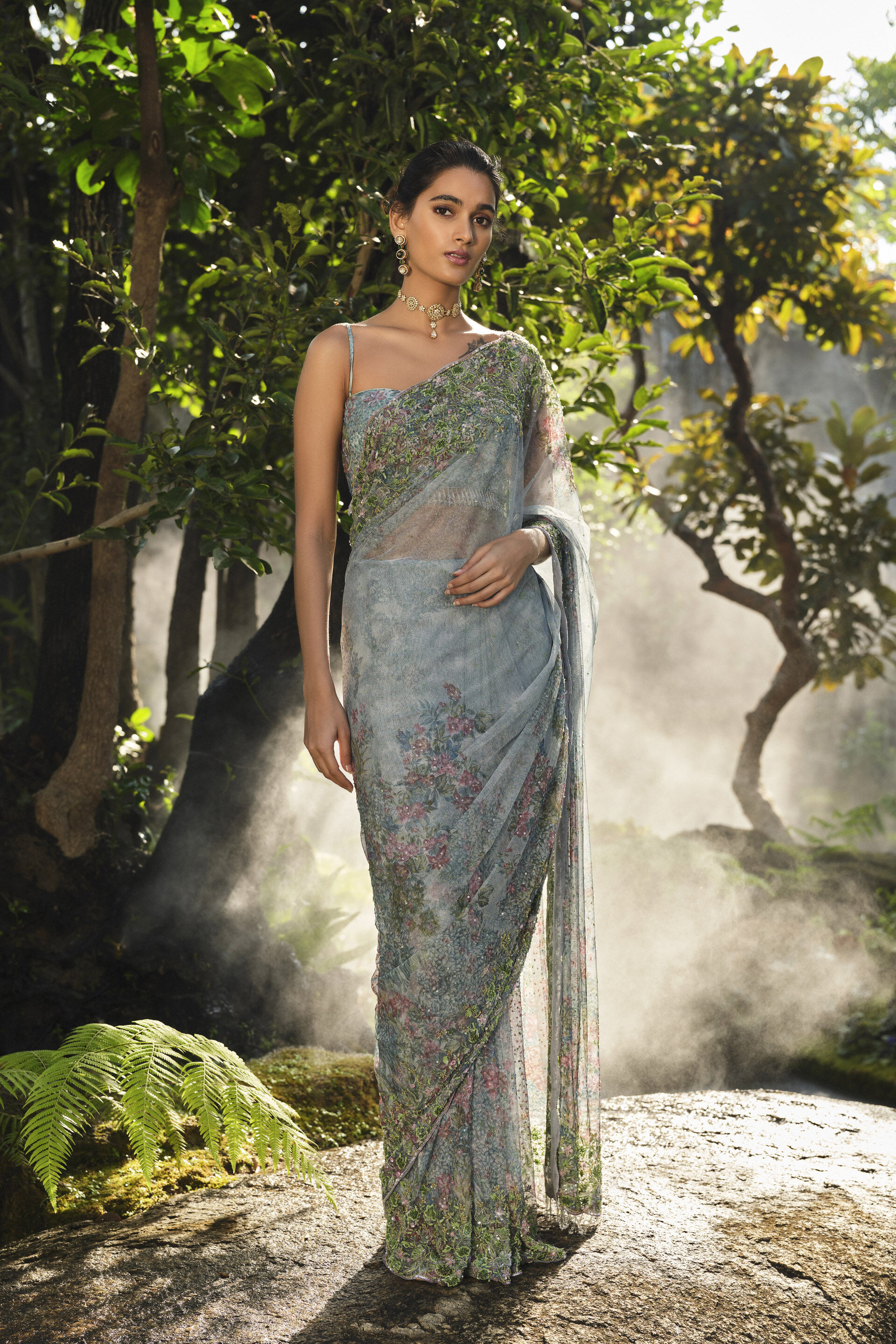 Blooming Meadows Embroidered Saree - Powder Blue