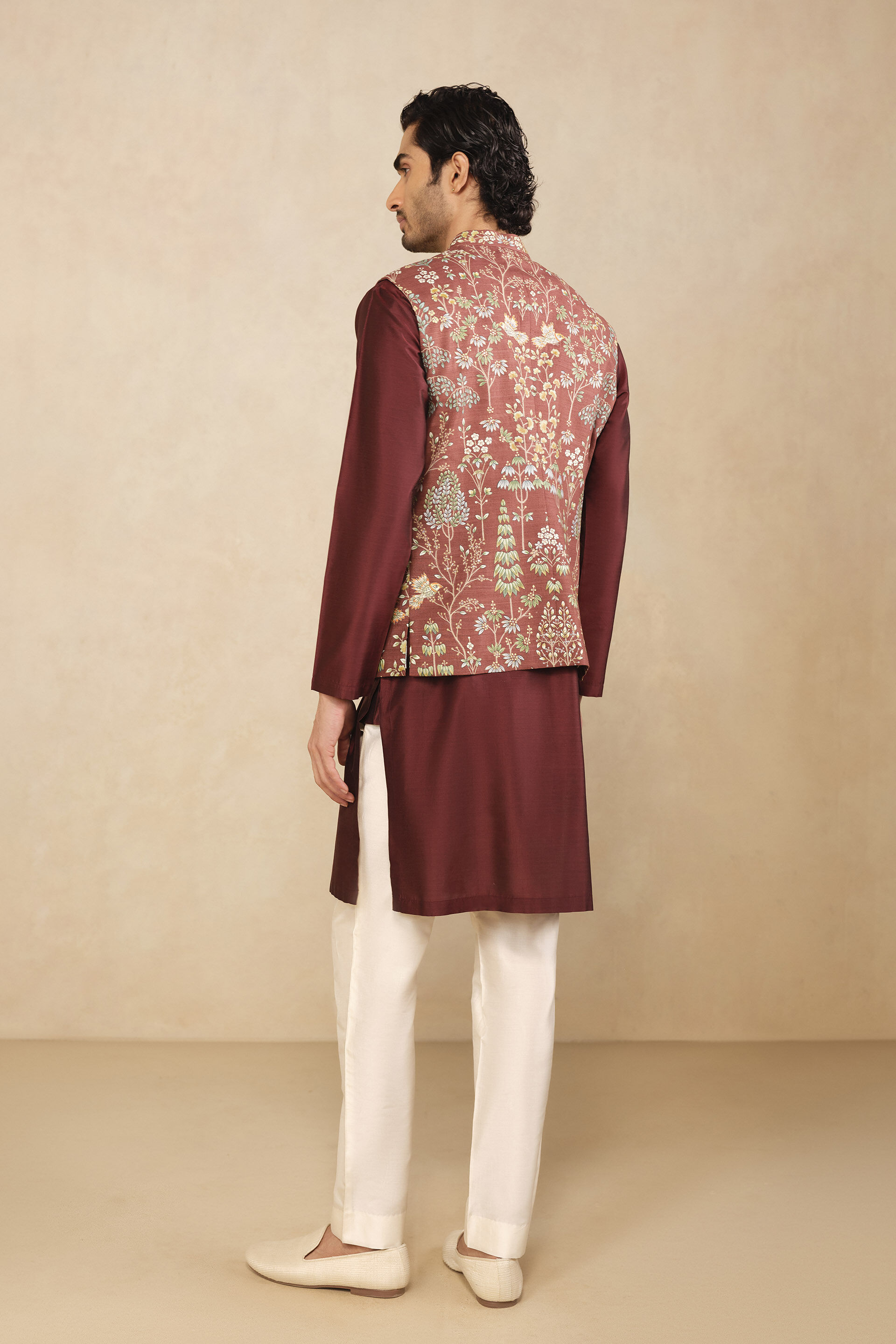 Aziz Hand-painted Pichhwai Silk Nehru Jacket - Brown