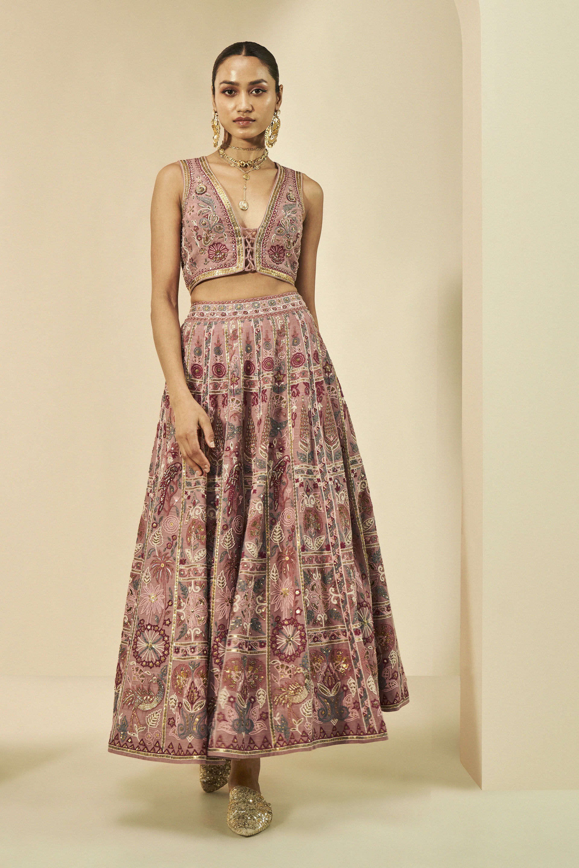 Kaadhal SEWA Hand-embroidered Silk Skirt Set - Old Rose