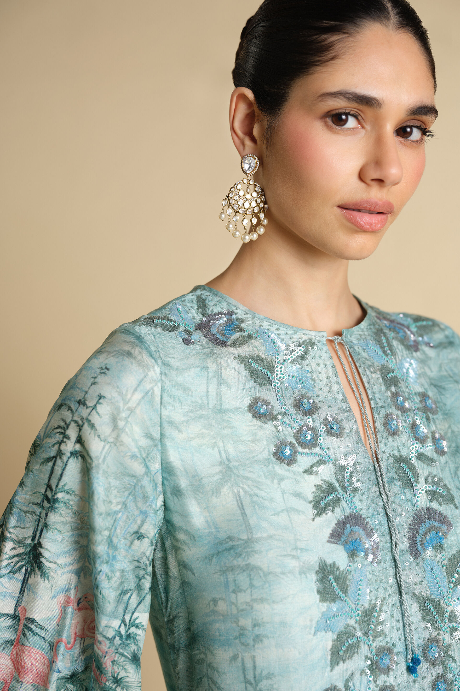 Nabha Printed Silk Kaftan - Powder Blue, Powder Blue, image 6