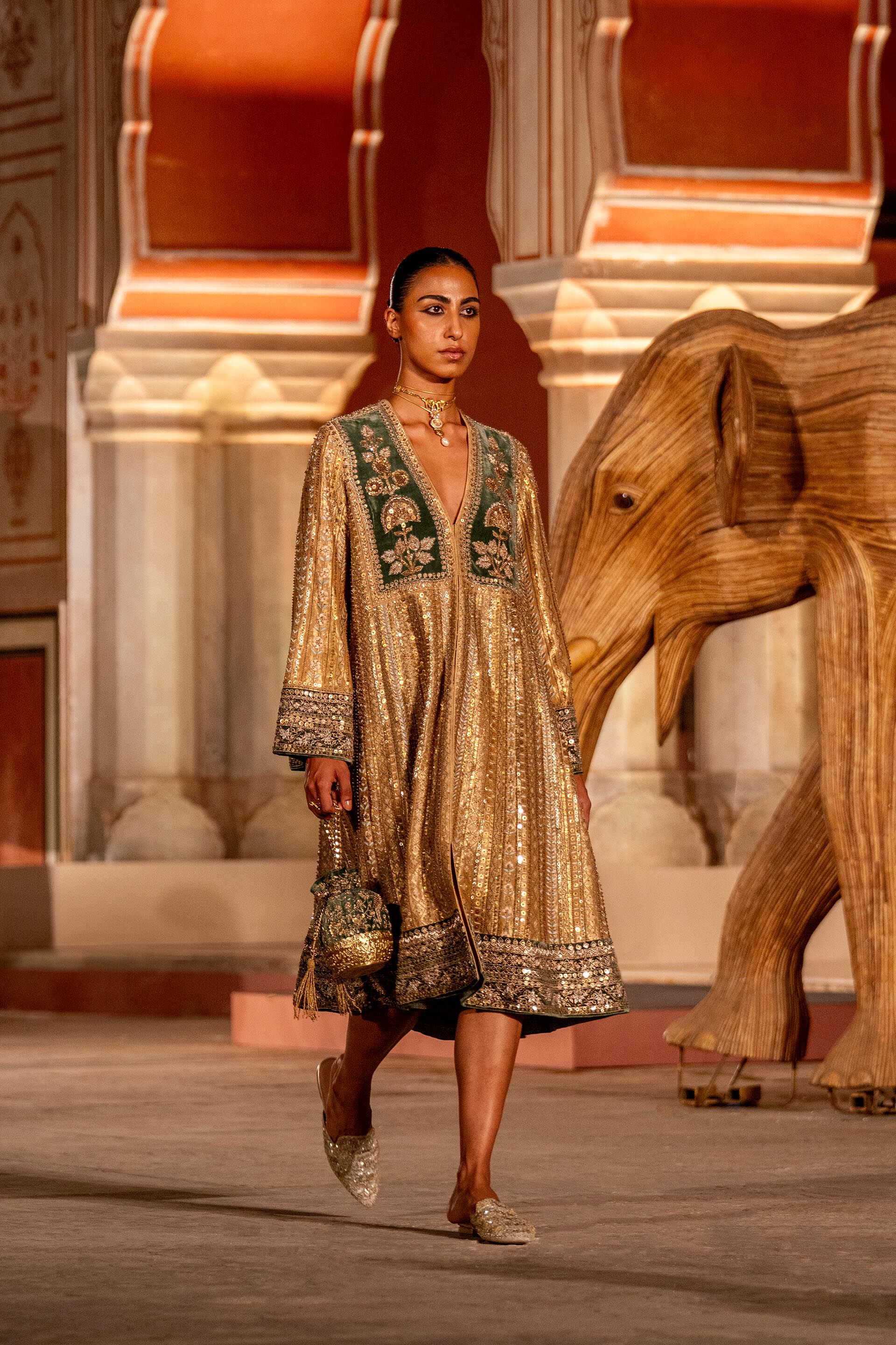 Heart Of The Forest Embroidered Zardozi Dress - Gold, Gold, image 2