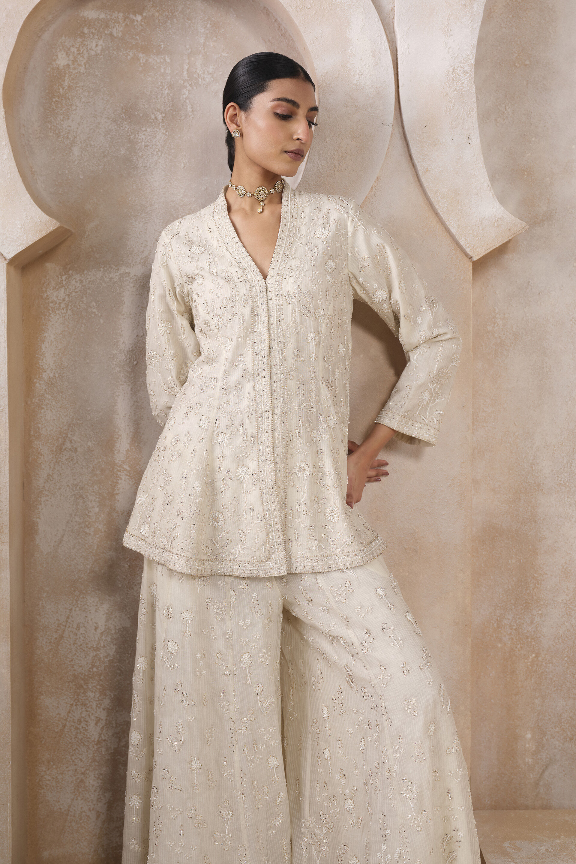 Zuhra Embroidered Sharara Set - Ivory, Ivory, image 5