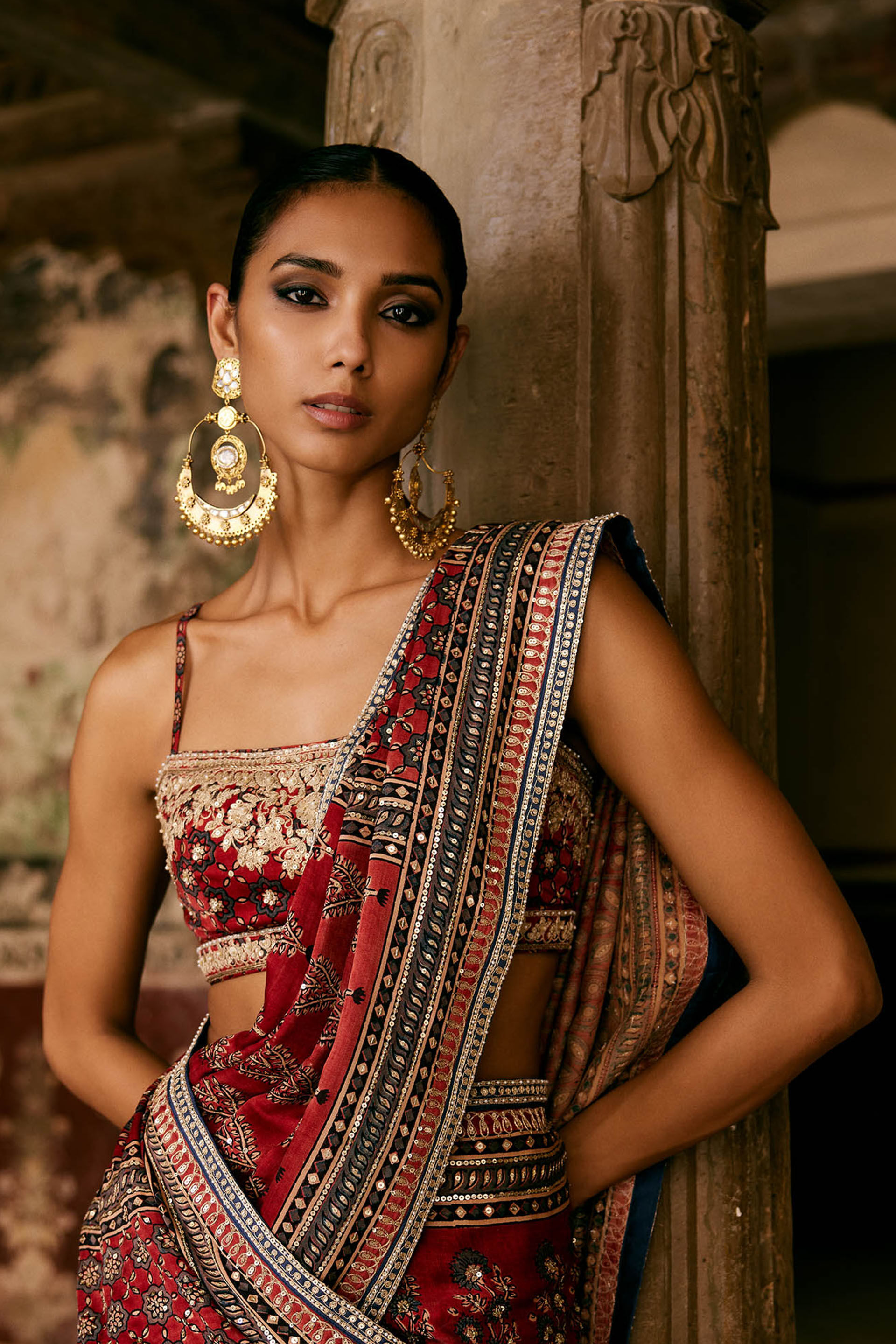 Saaj Ajrakh Hand-block Printed Silk Choli - Red, Red, image 5