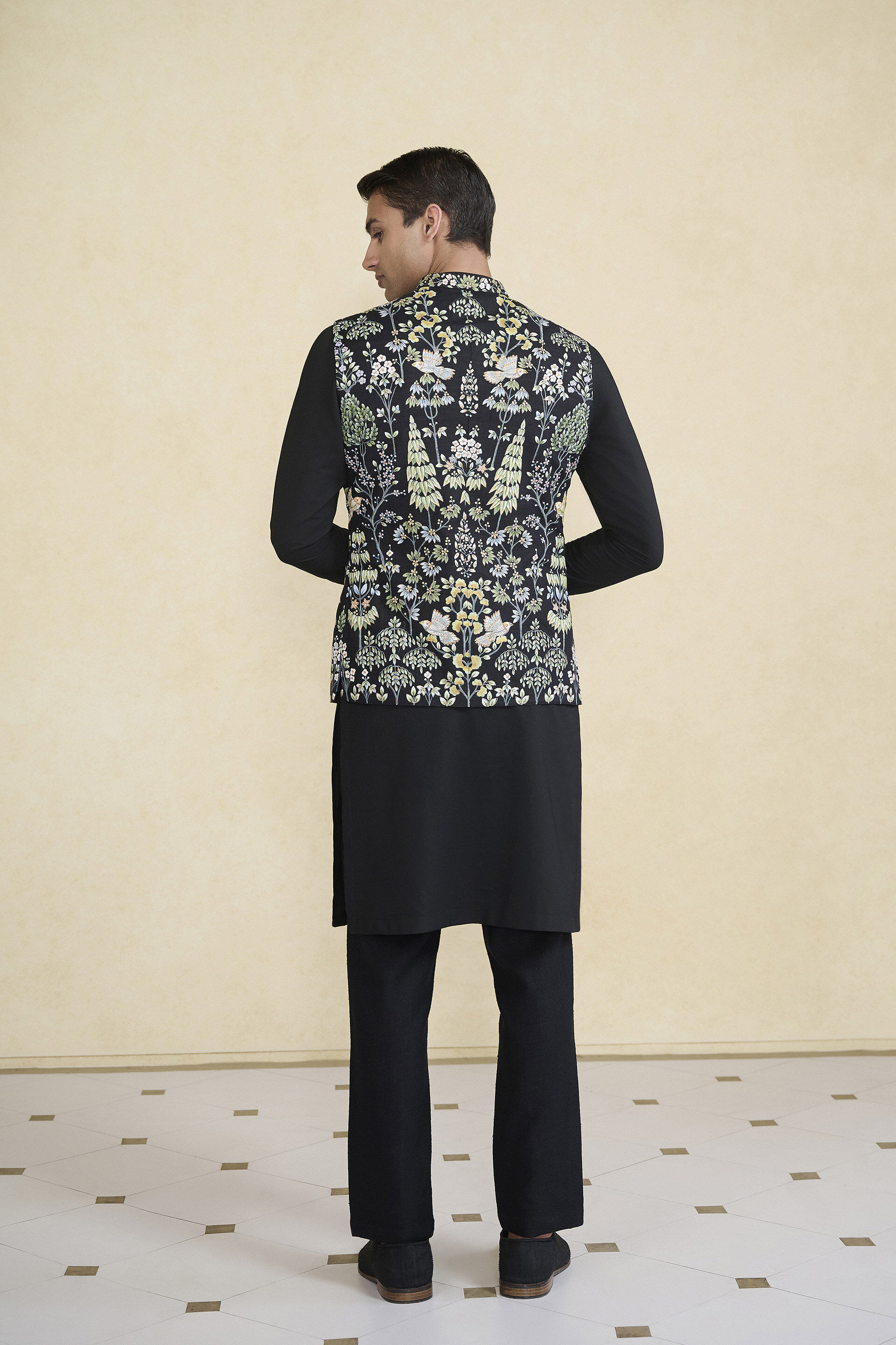 Nalesh Hand-painted Pichhwai Silk Nehru Jacket - Black, Black, image 2