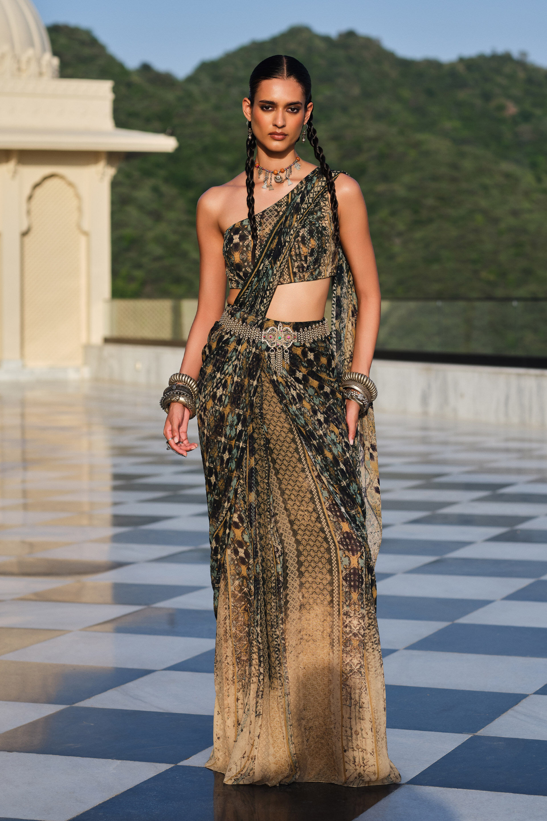 Lore Green Predraped Saree Set
