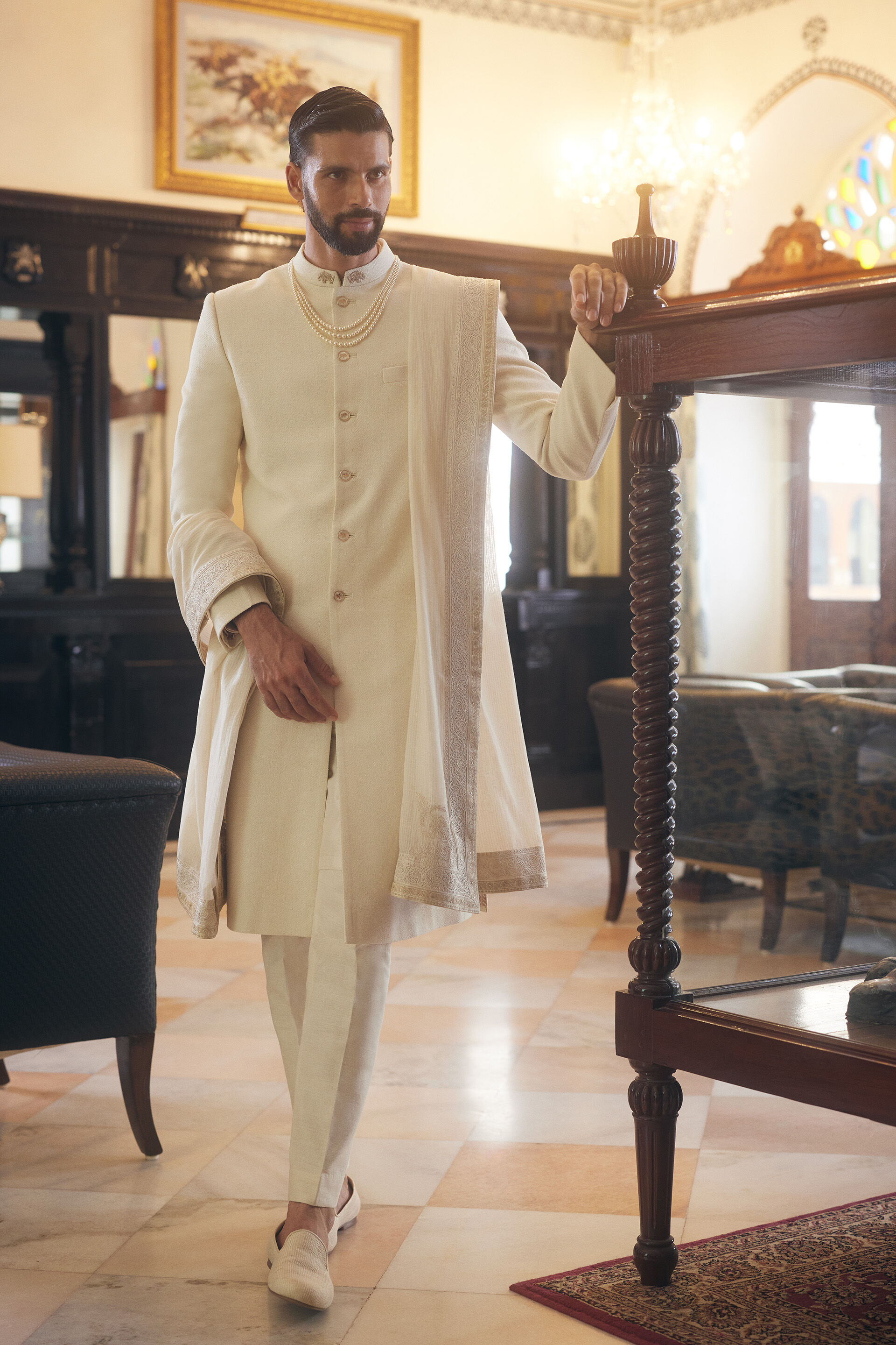 Shravas Silk Sherwani - Natural