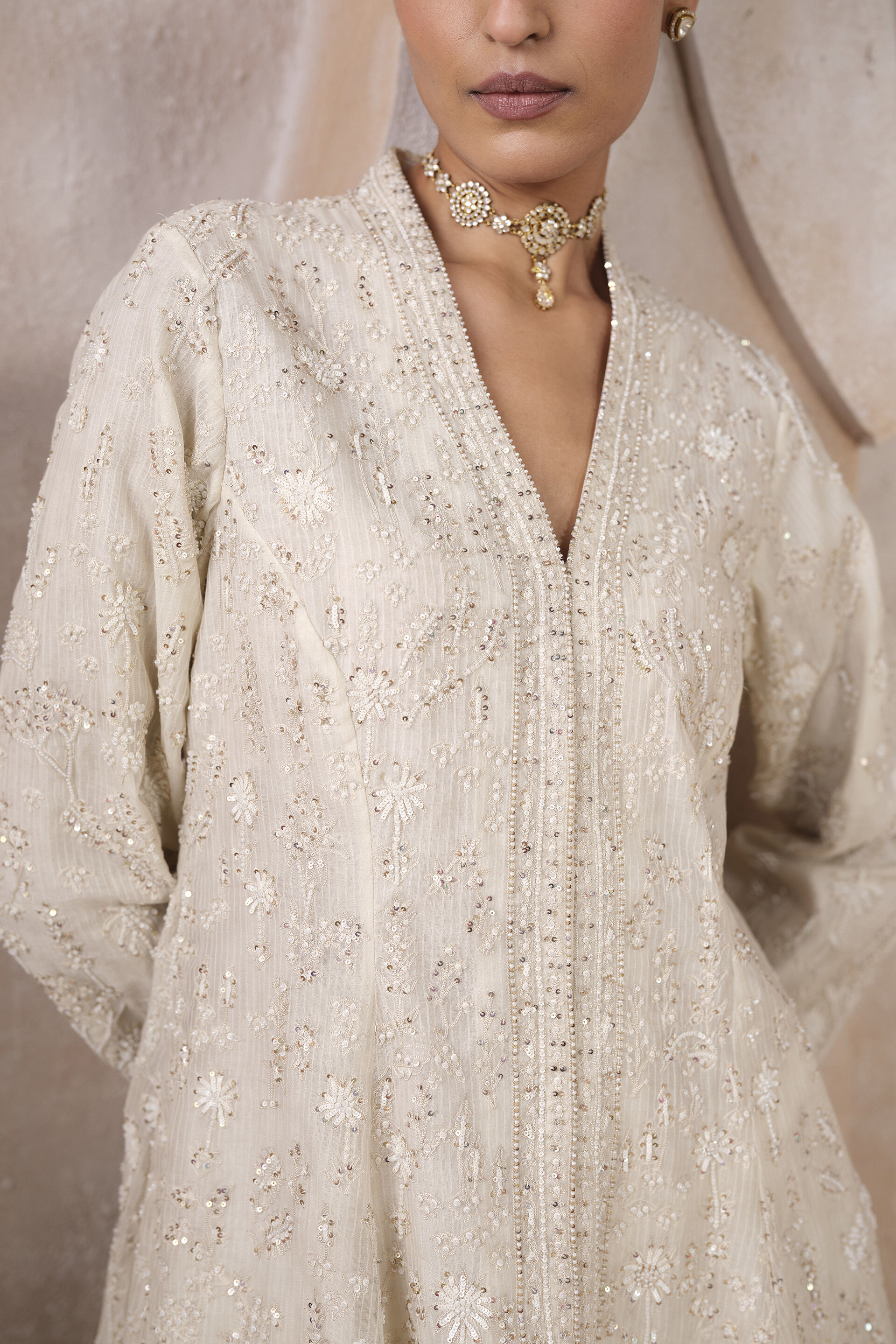 Zuhra Embroidered Sharara Set - Ivory, Ivory, image 6