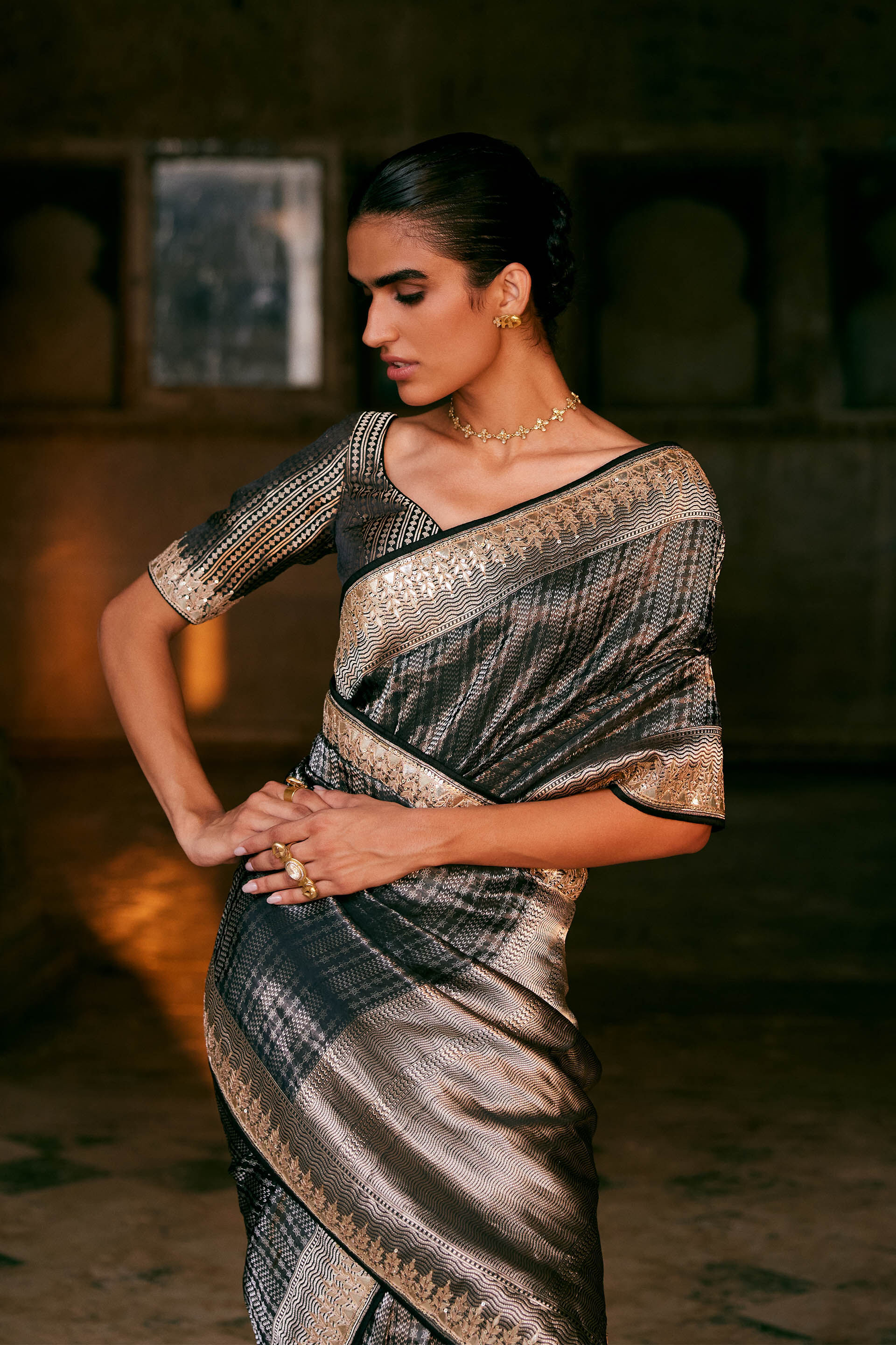 Avabha Handwoven Benarasi Silk Saree - Grey, Grey, image 4