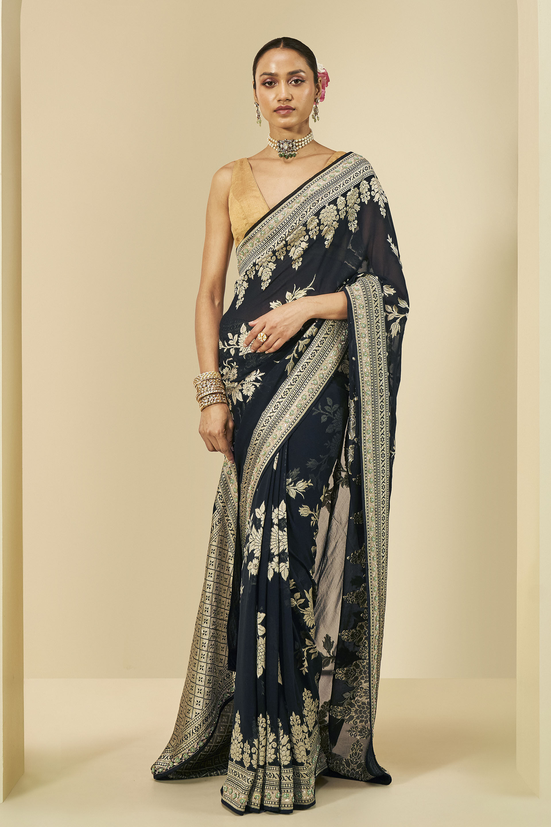 Nandana Embroidered Benarasi Silk Saree, Black, image 1