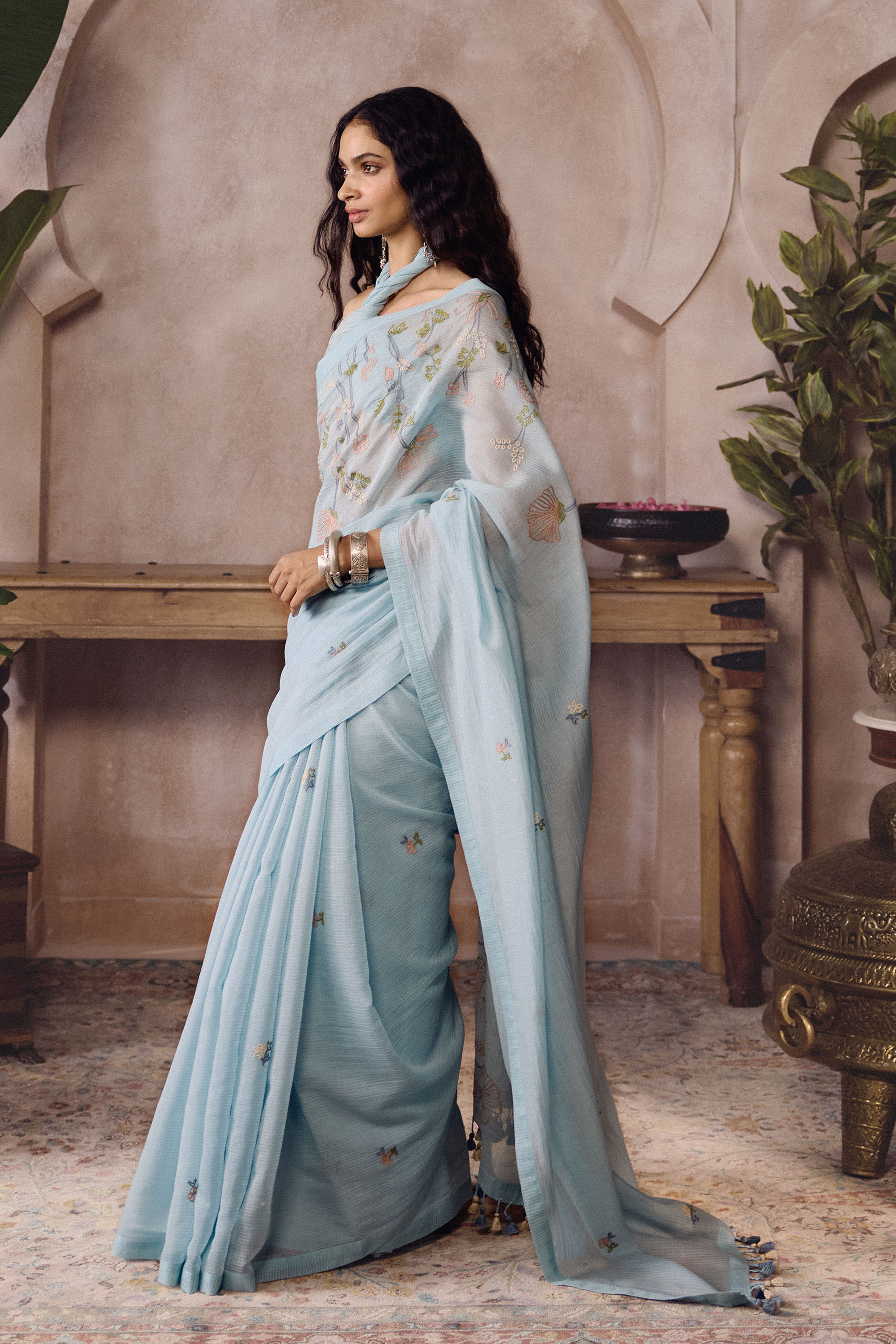 Canouah Hand-embroidered SEWA Saree - Powder Blue, Powder Blue, image 3