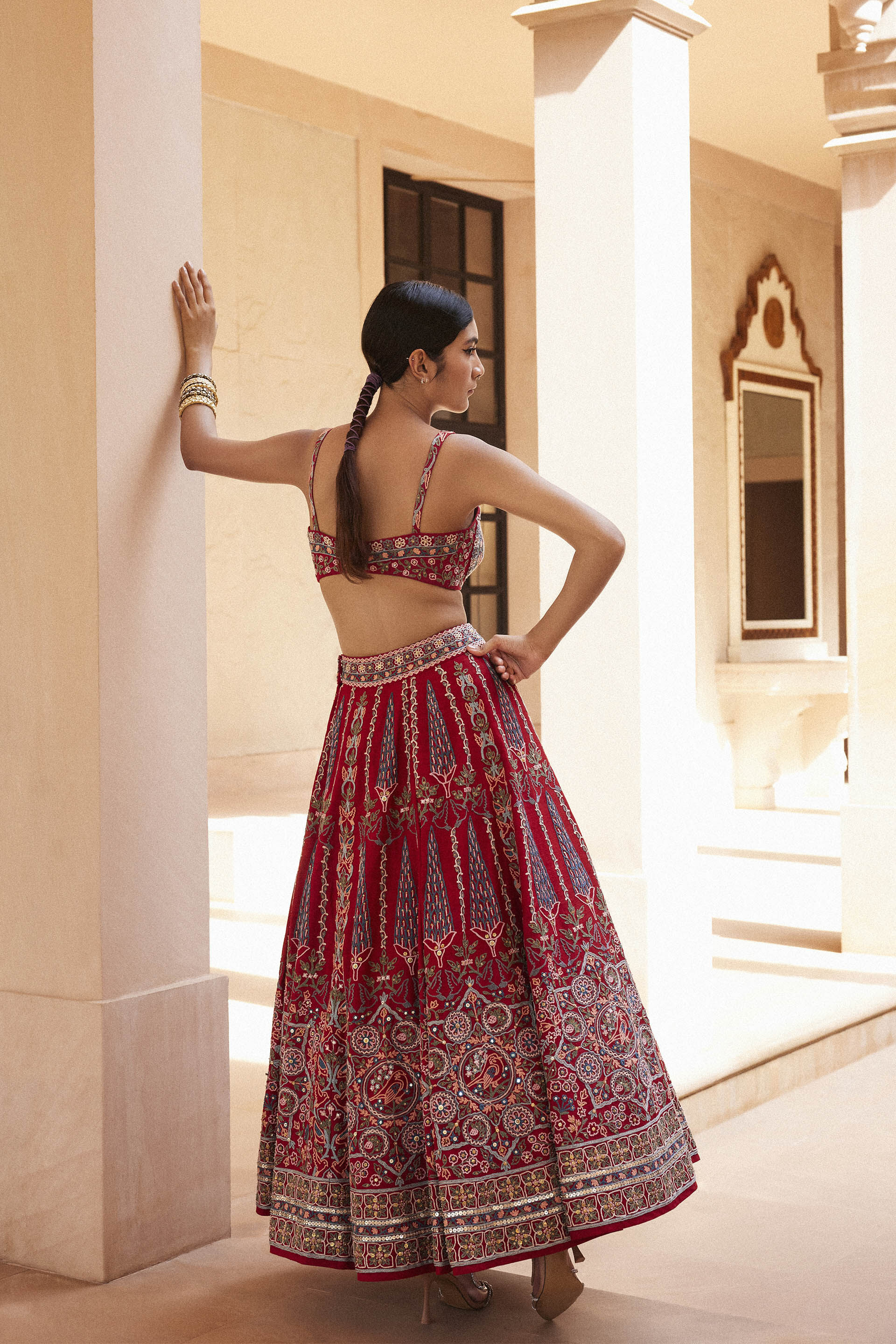 Alakana SEWA Hand-embroidered Silk Skirt Set - Red