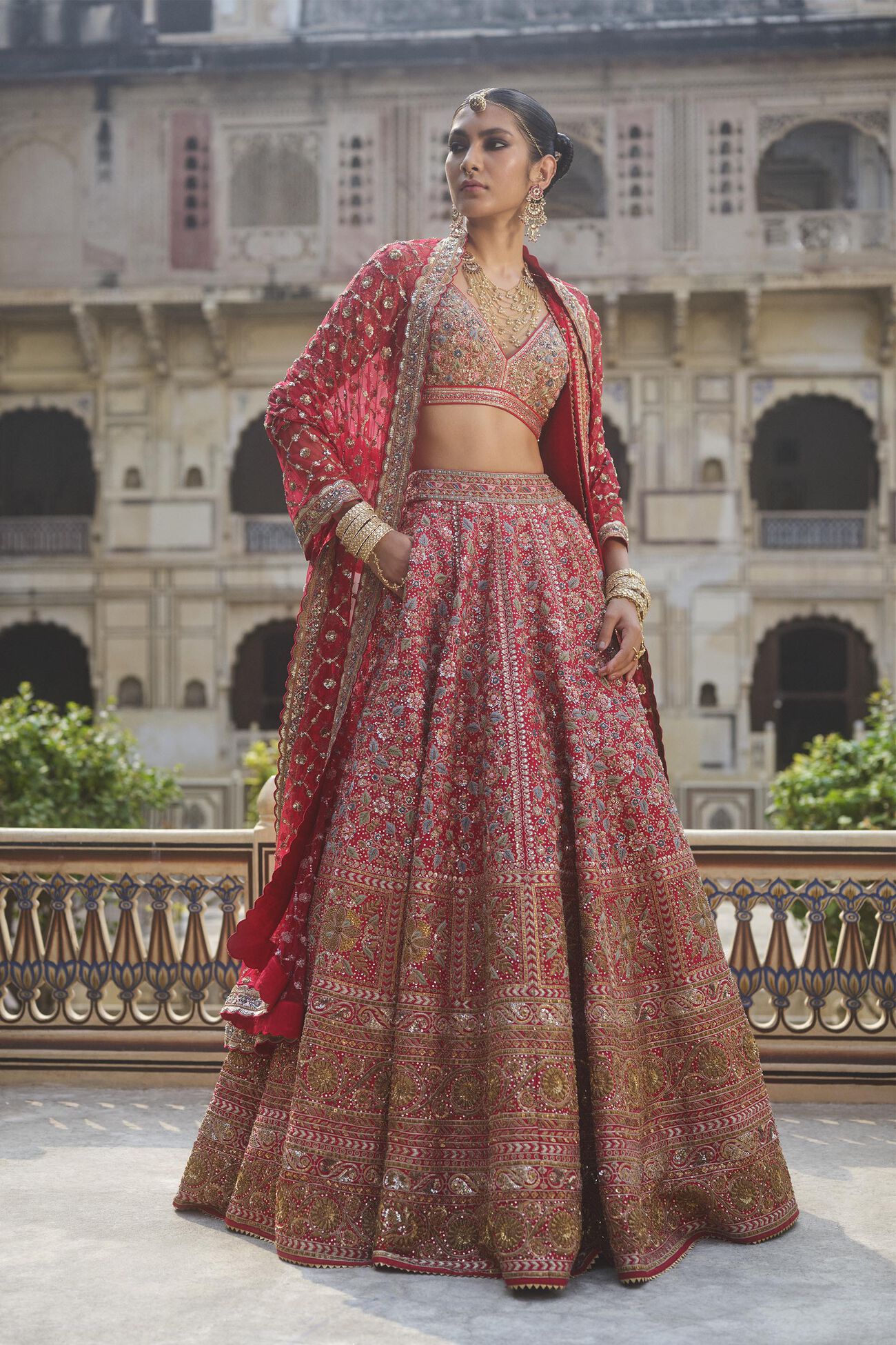Buy Designer Adhyavi Embroidered Zardozi Silk Lehenga Set – Red
