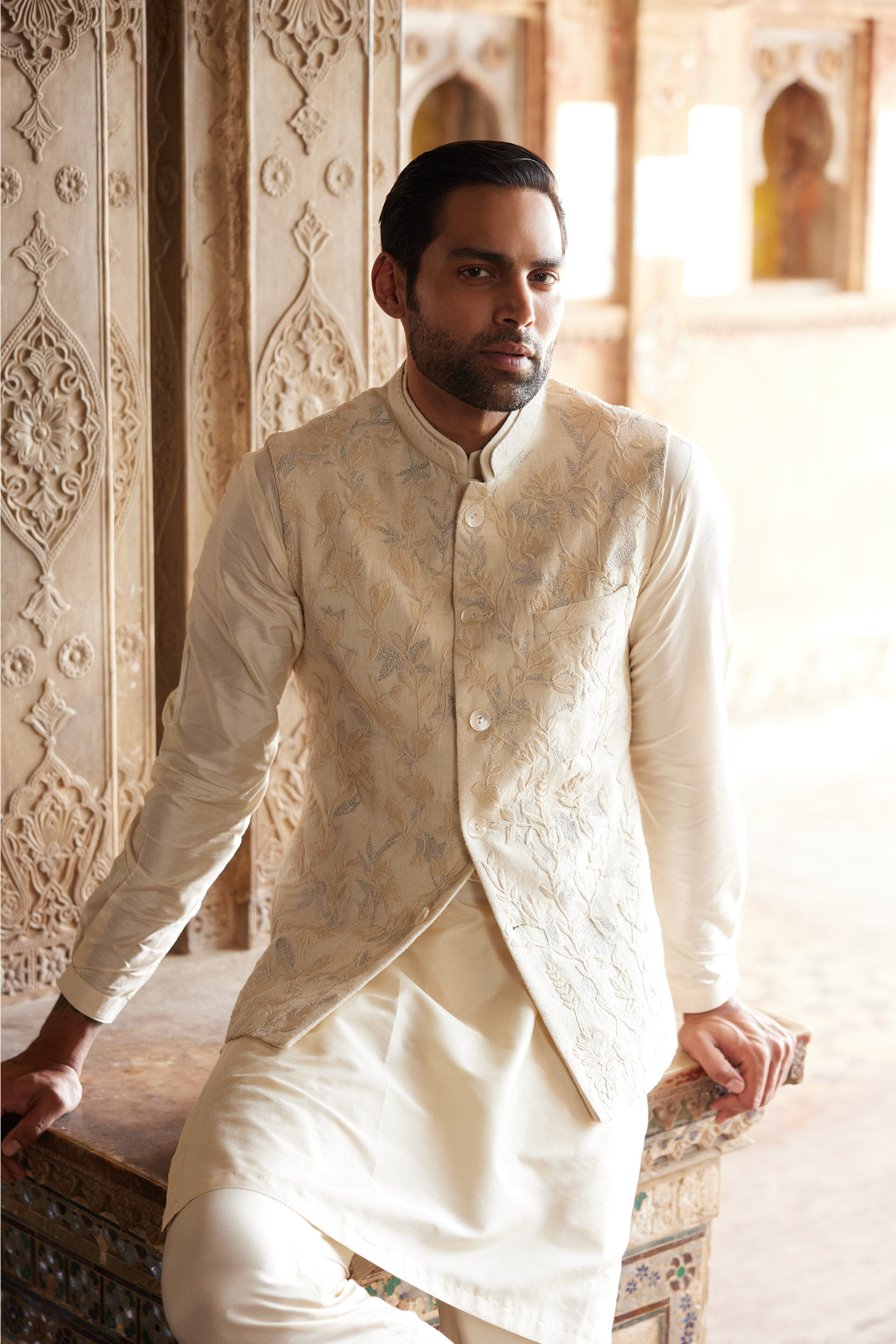 Aaman Embroidered Cord Silk Nehru Jacket - Ivory, Ivory, image 5