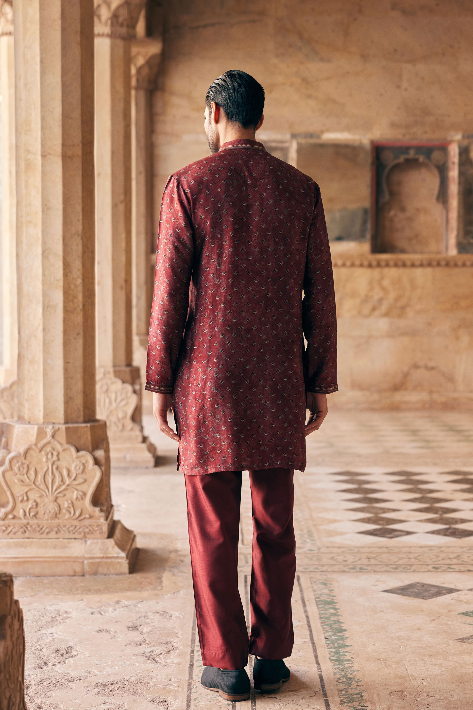 Humair Printed Silk Kurta - Maroon, Maroon, image 2