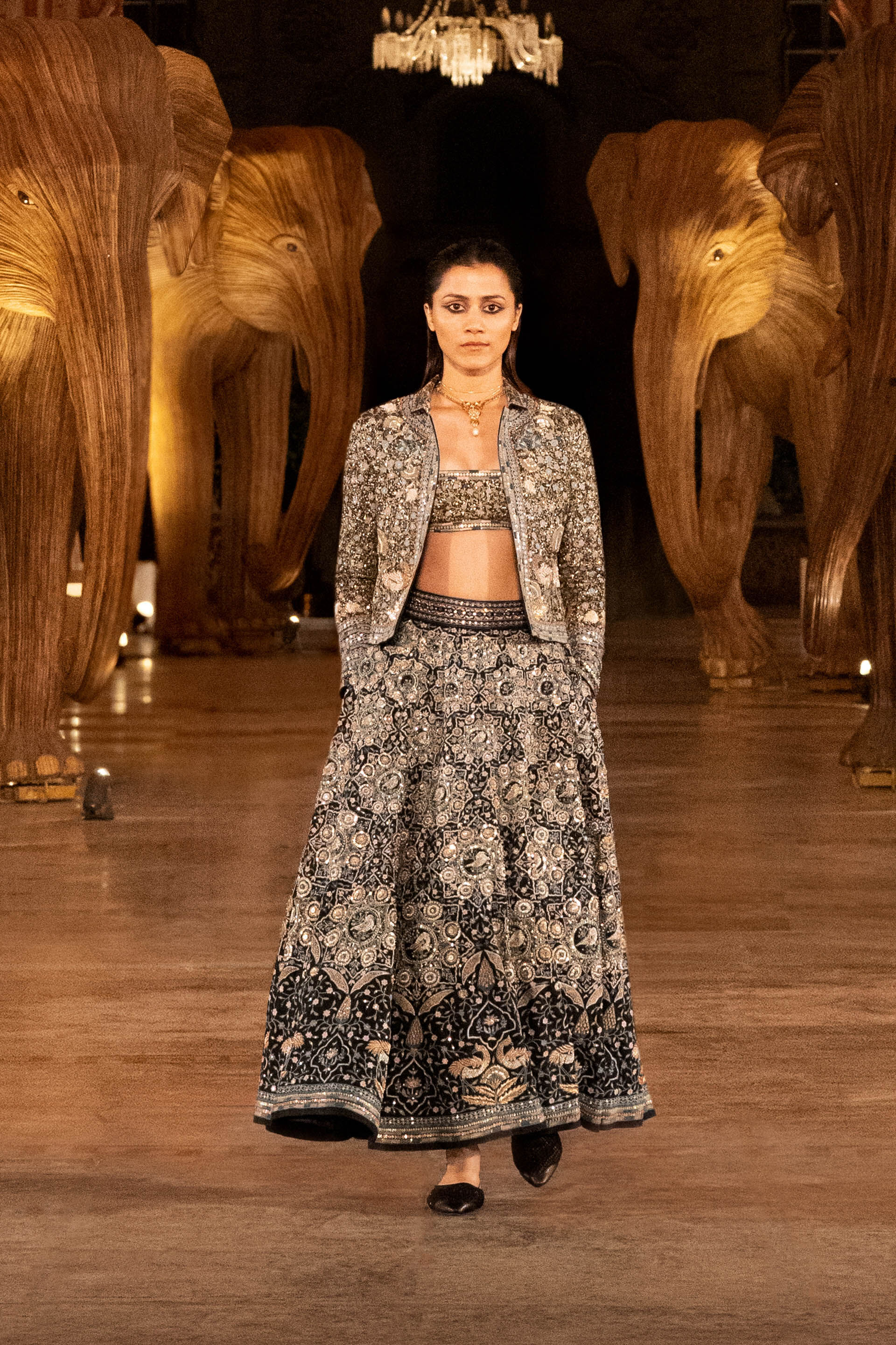 Forest Gleam Embroidered Zardozi Silk Skirt Set - Black, Black, image 5