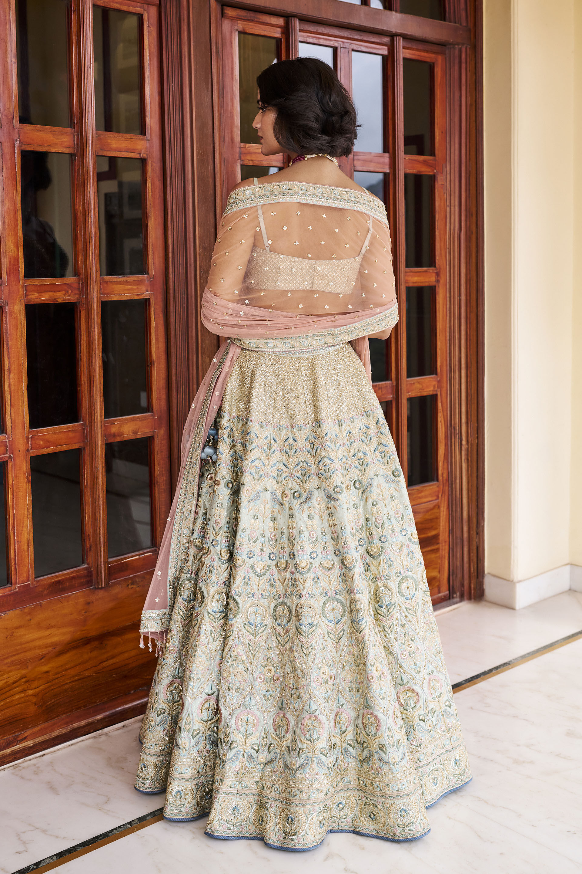 Delight Embroidered Zardozi Silk Lehenga Set - ​Sage