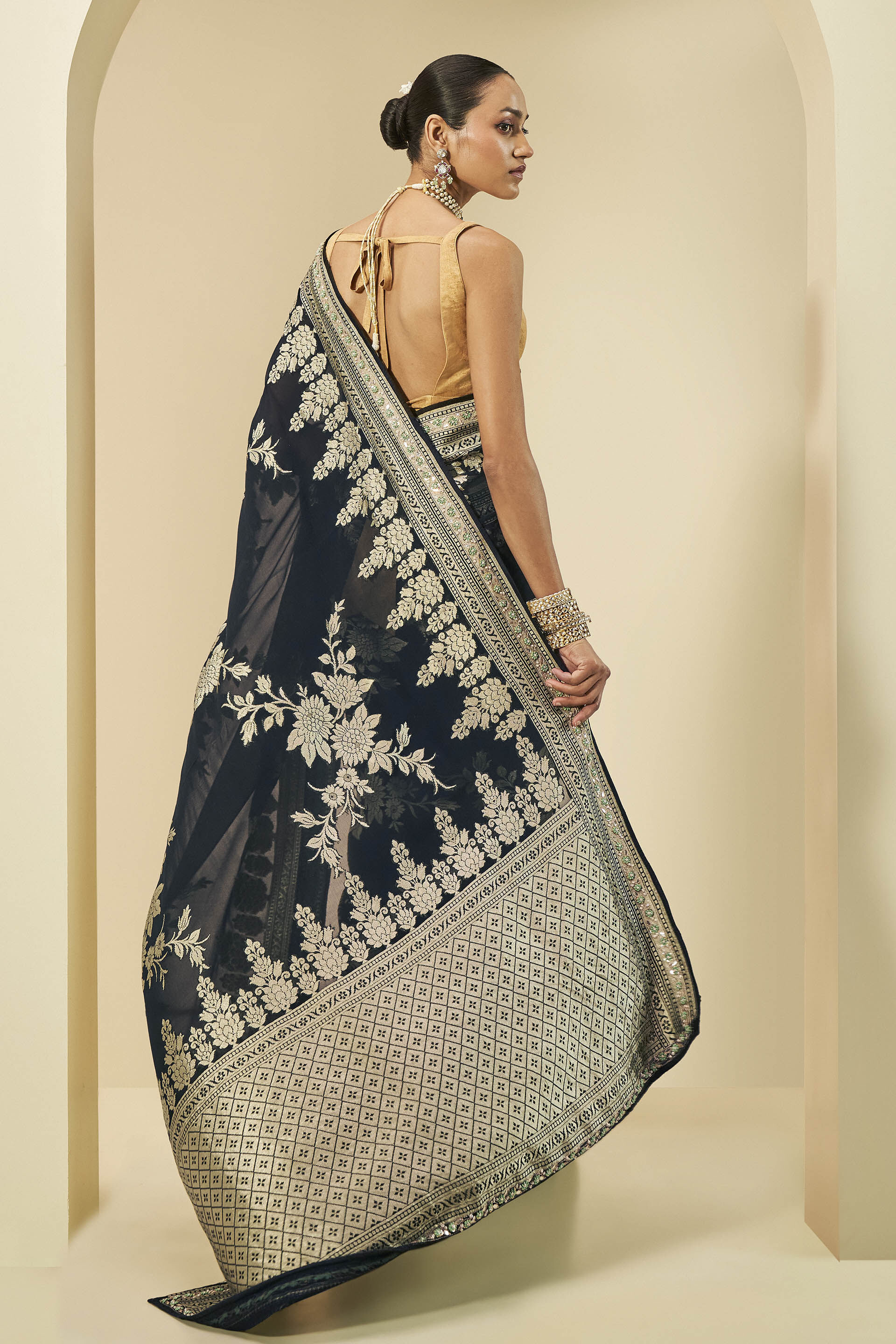 Nandana Embroidered Benarasi Silk Saree, Black, image 3