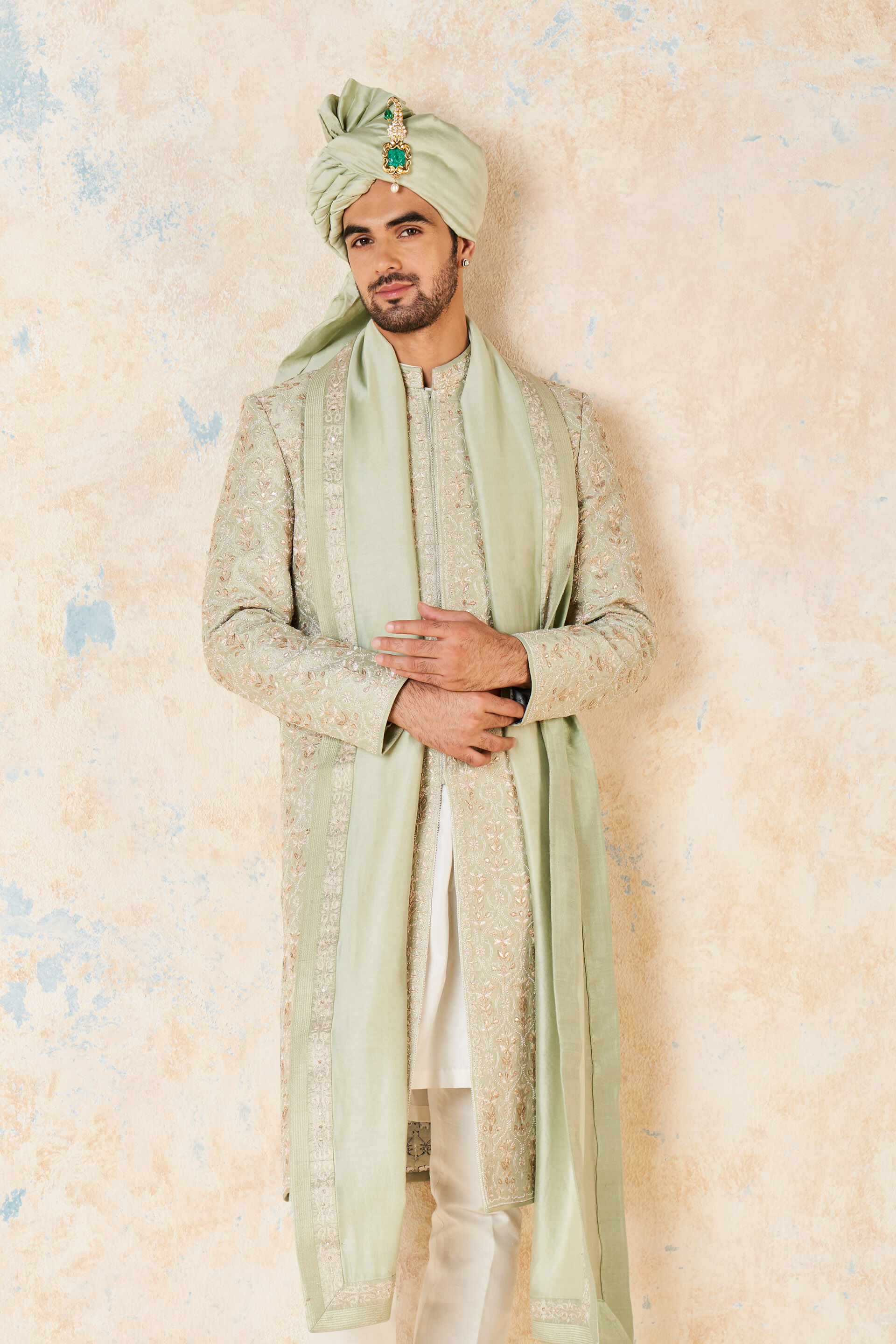 Devarsh Gota Patti & Aari Silk Sherwani - Sage