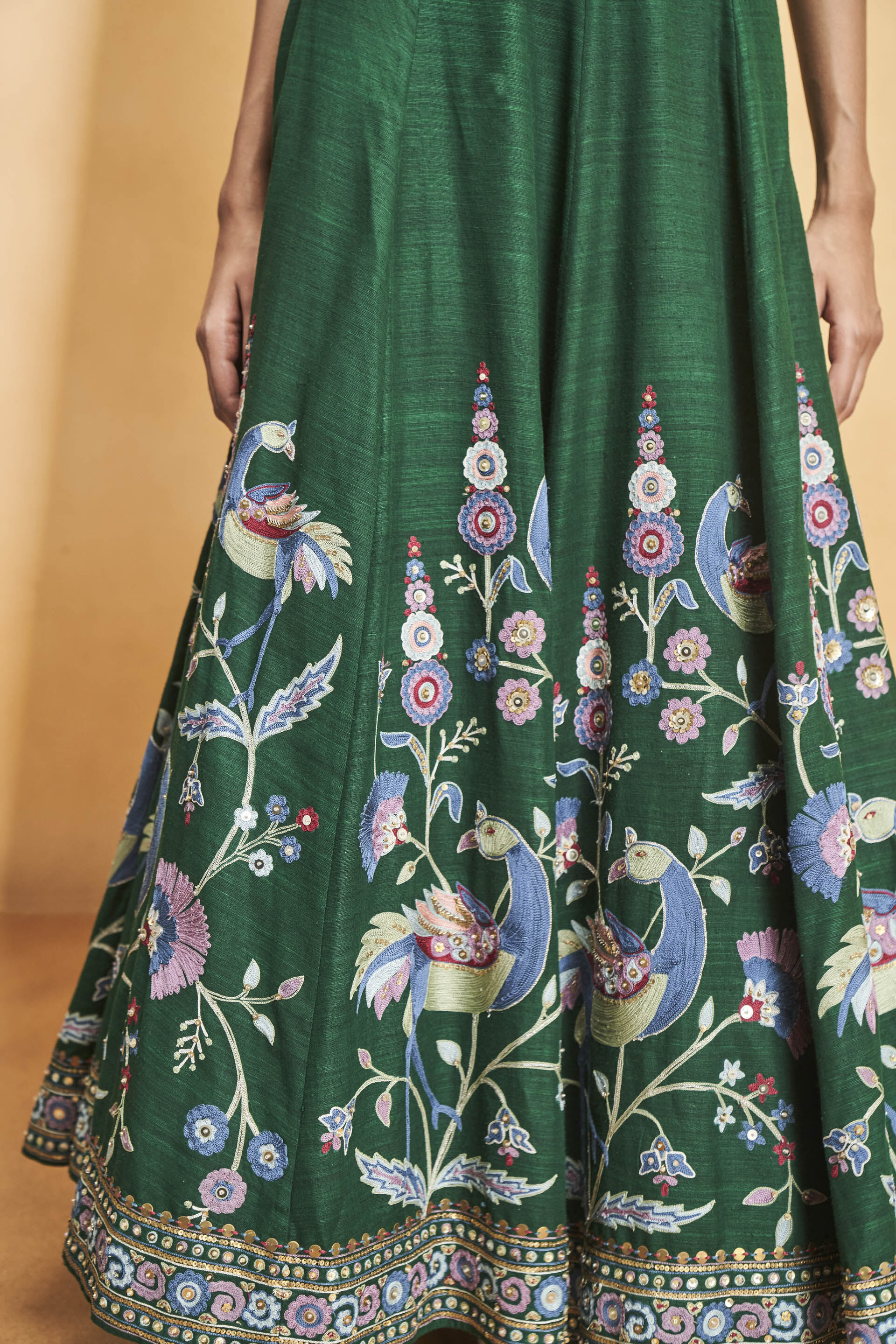 Evergreen Paradise Embroidered Zardozi Silk Skirt Set Green