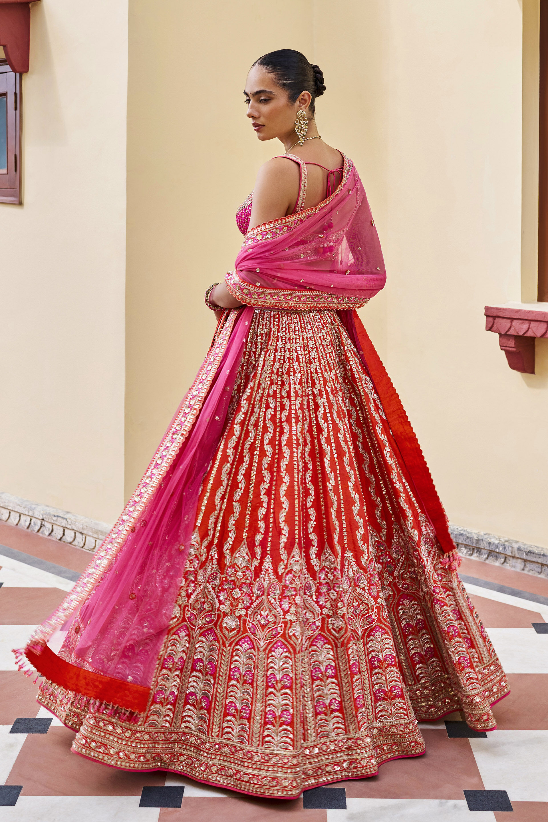Vow Embroidered Zardozi Silk Lehenga Set - ​Orange