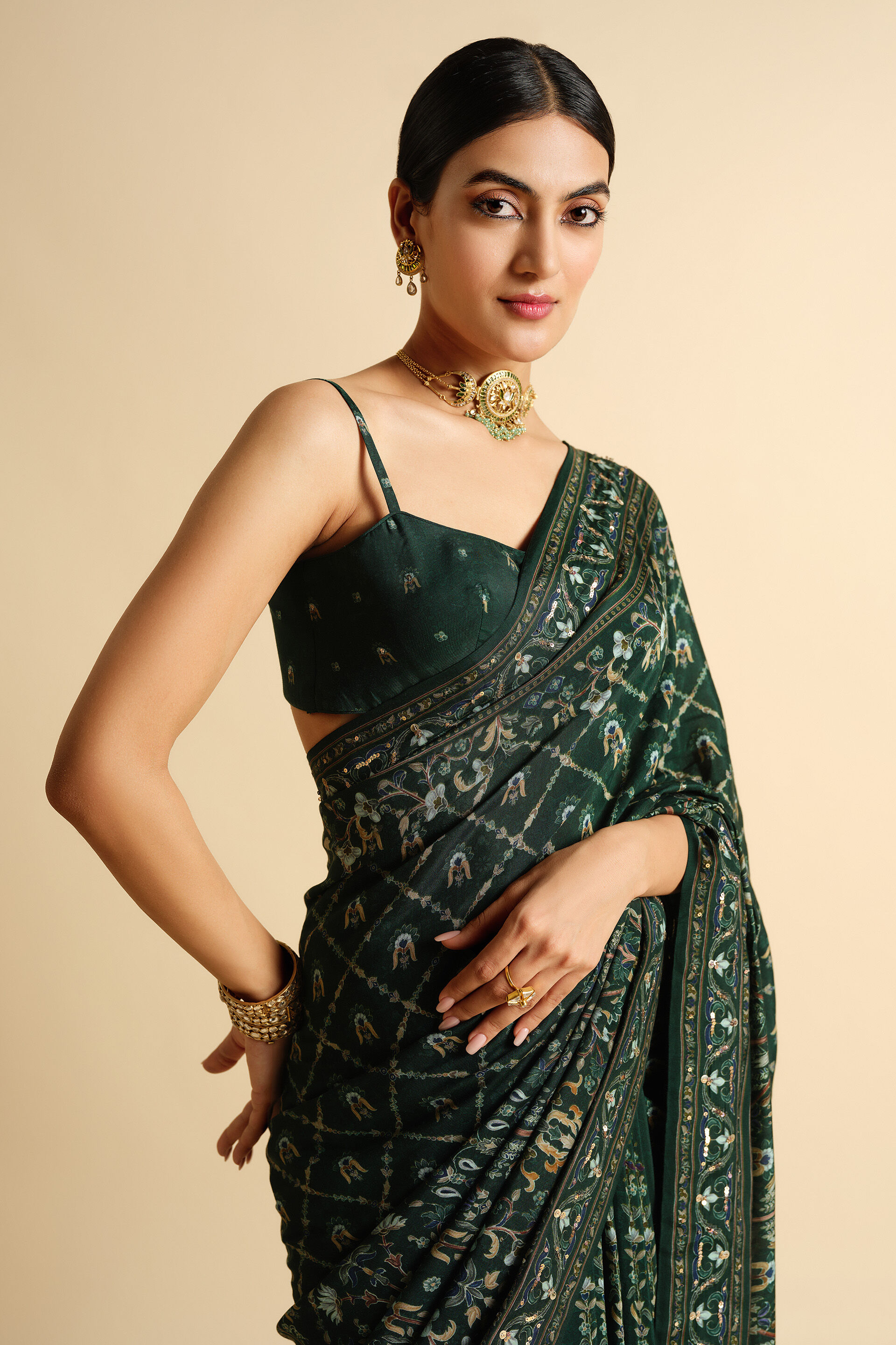Nooraya Sequin Saree, Green, image 3