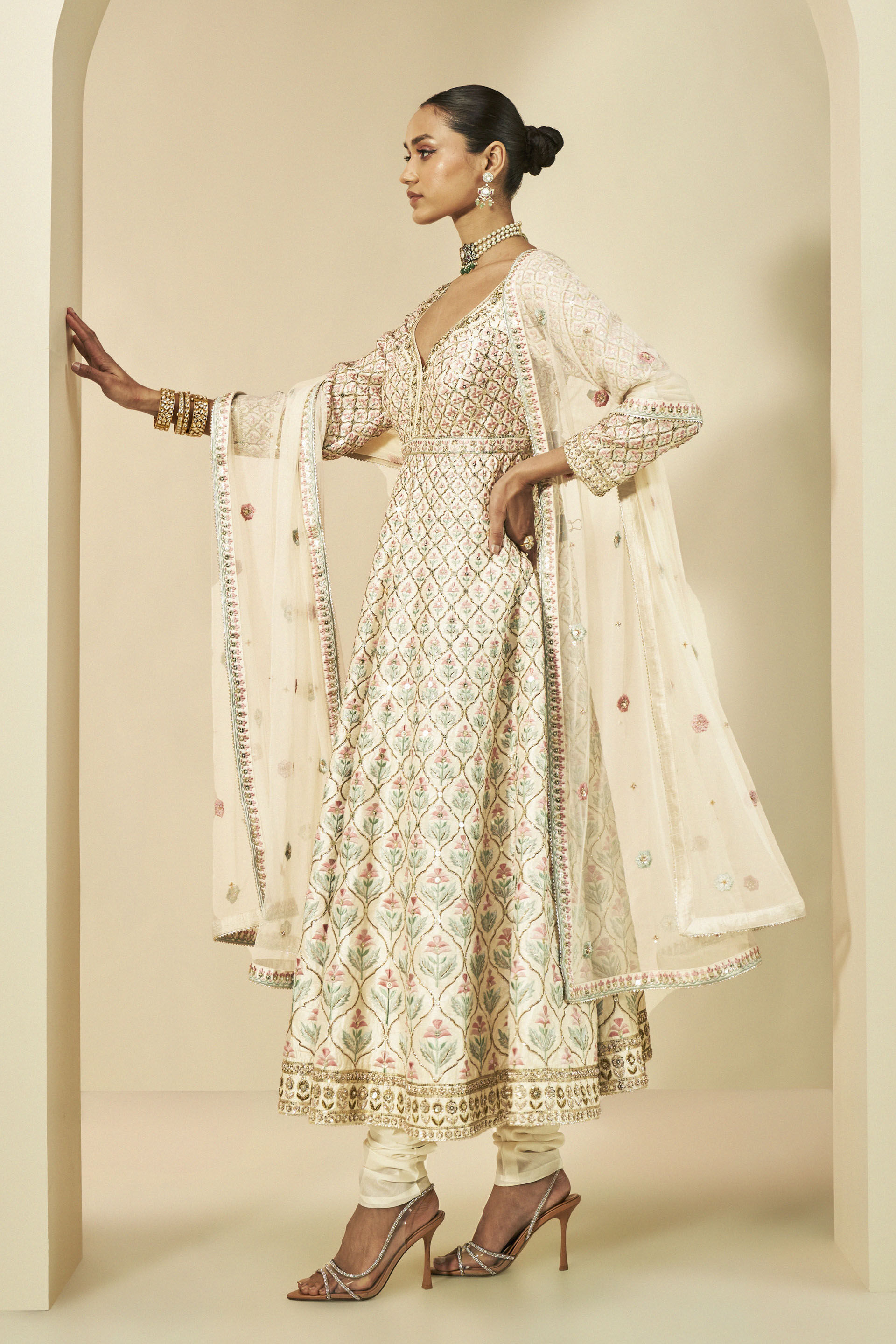 Adri Embroidered Silk Anarkali Set - Cream, Cream, image 2
