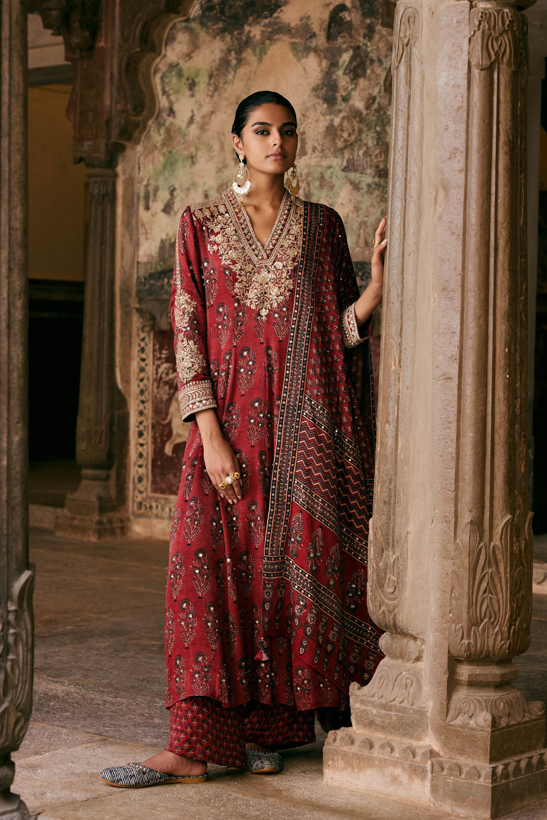Saaj Ajrakh Hand-block Printed Silk Suit Set - Red, Red, image 1