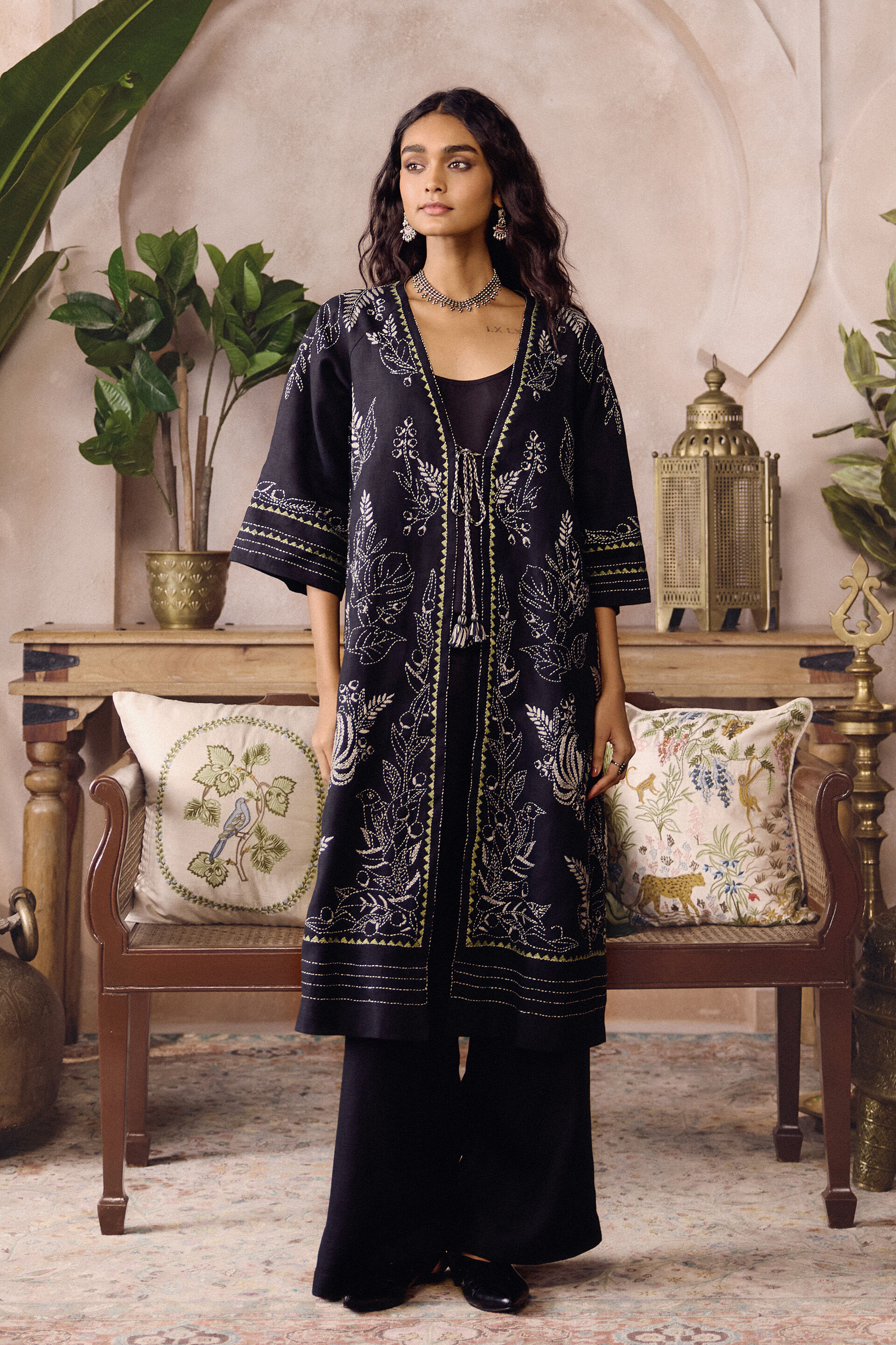 Beaumont Hand-embroidered Kantha Hemp Jacket Set - Black, Black, image 3