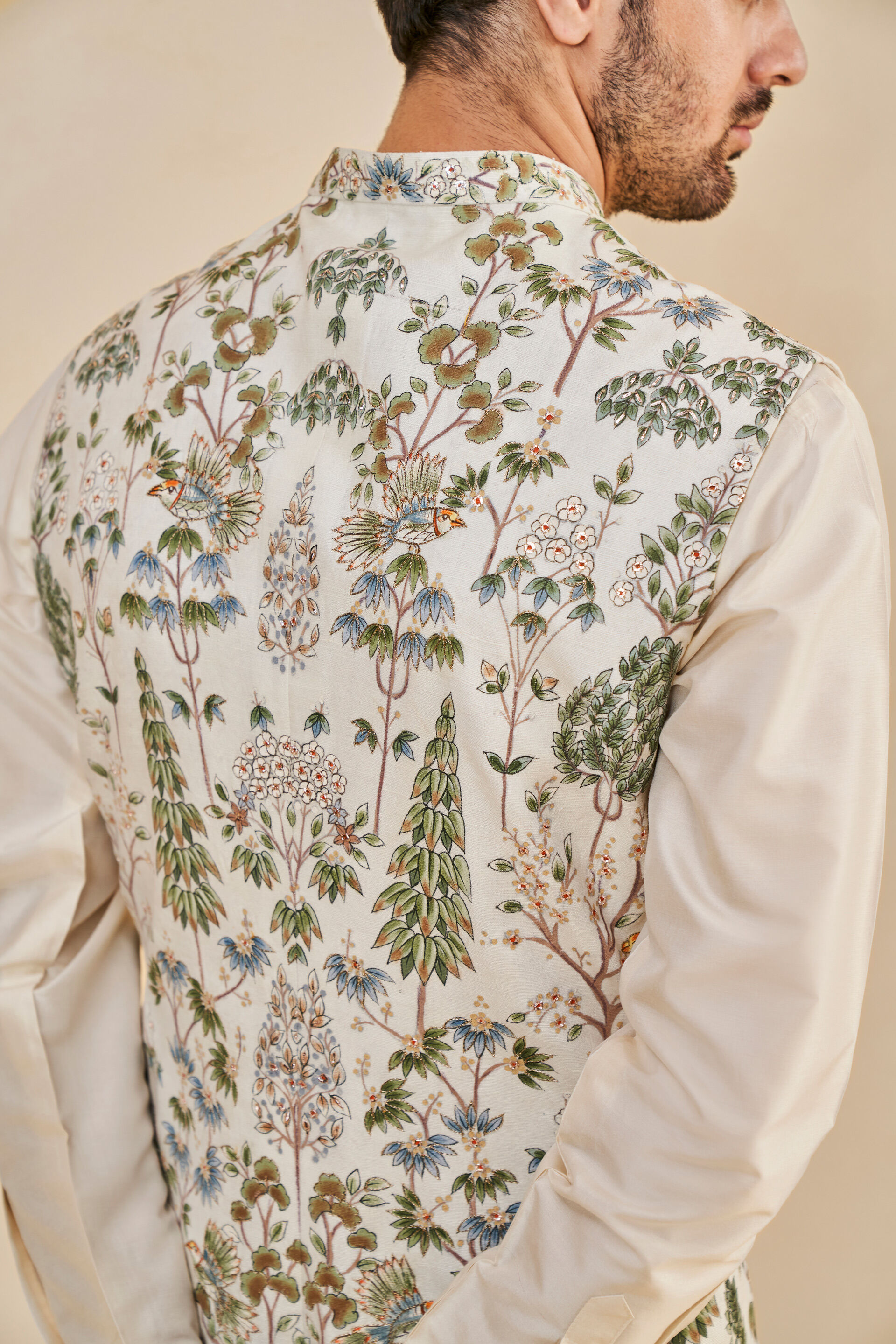Nalesh Hand-painted Pichhwai Silk Nehru Jacket - Off White, Off White, image 6