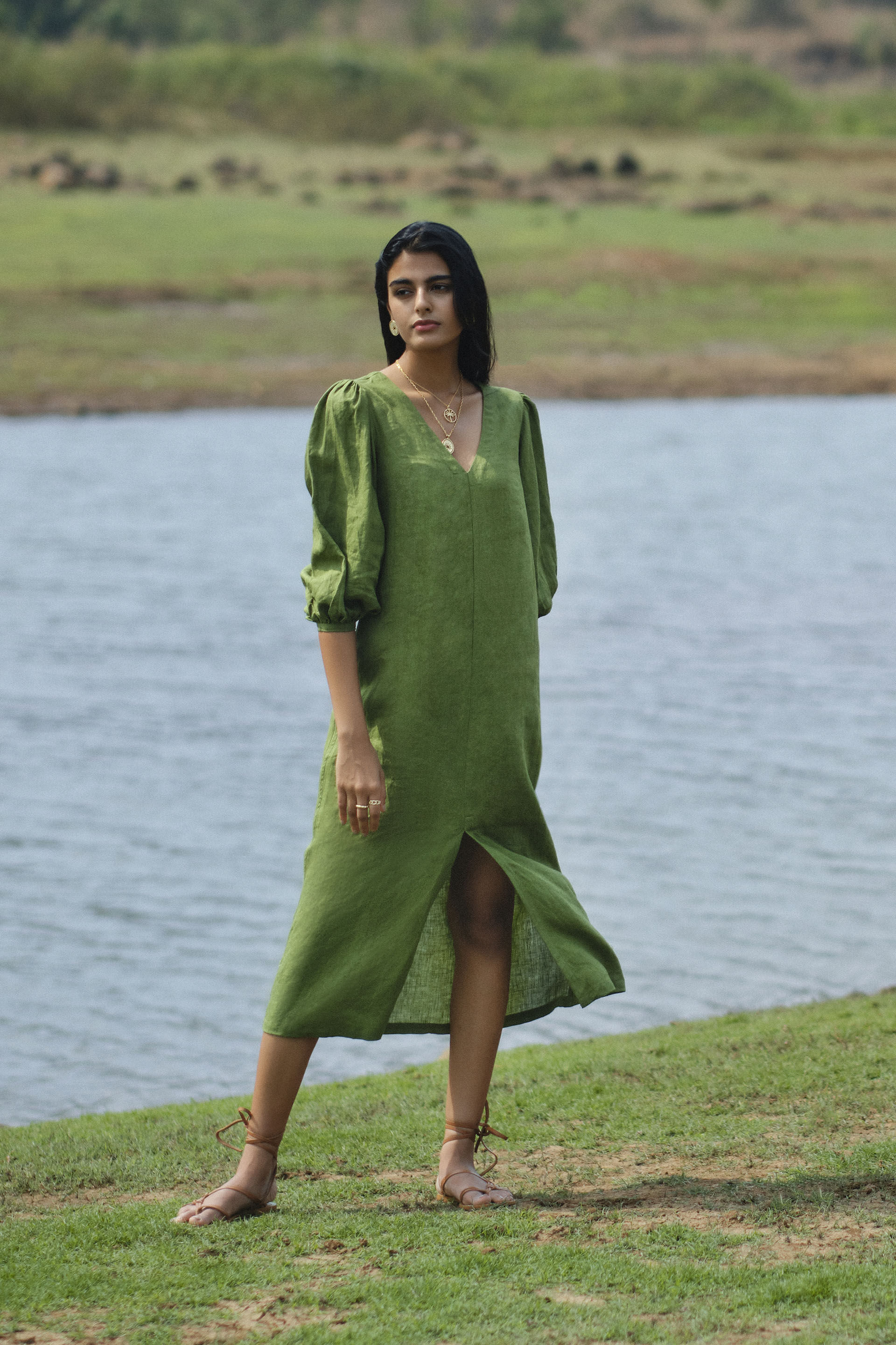 Green sales slit dress