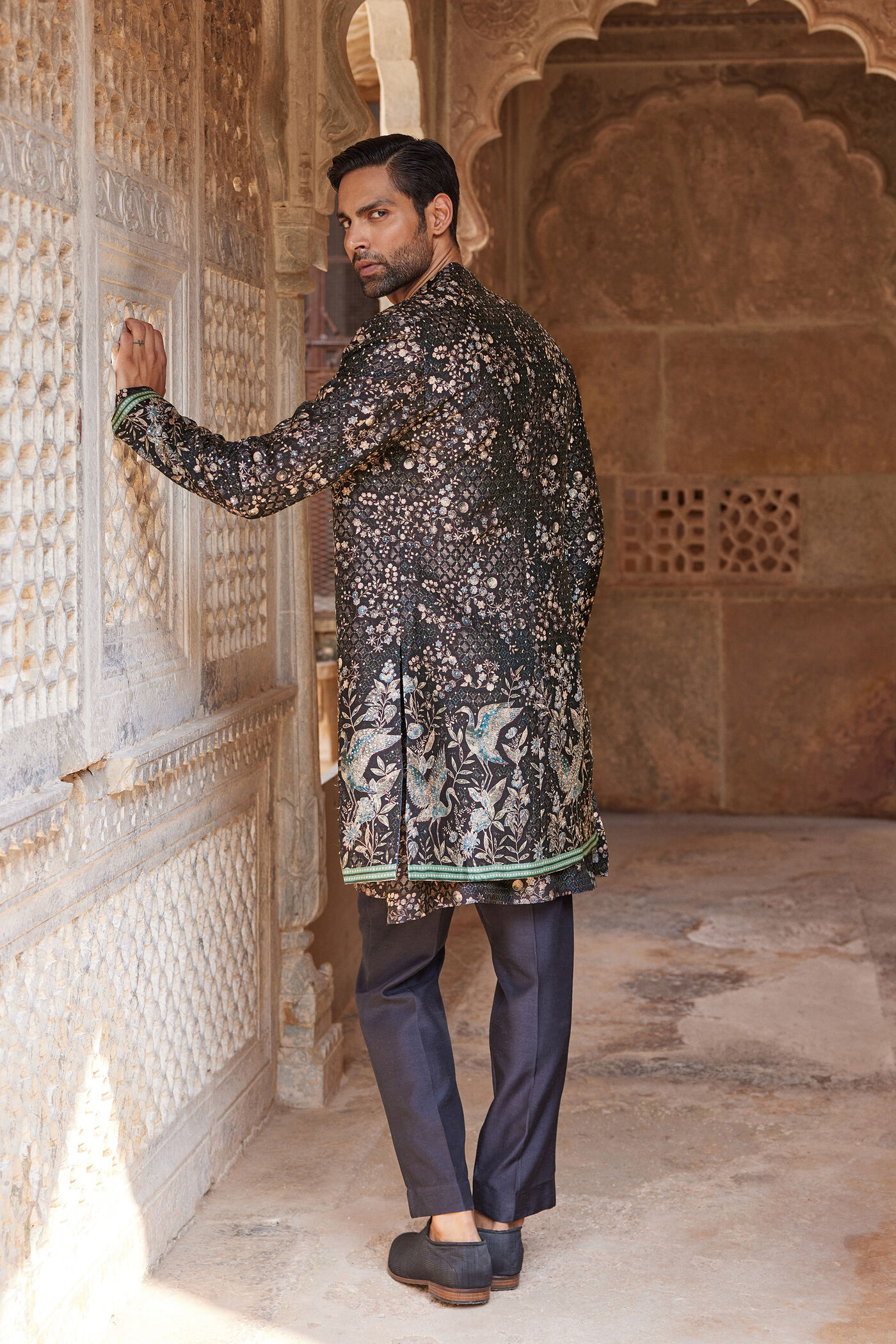 Buy Designer Rukham Printed Silk Sherwani Black Online from Anita Do