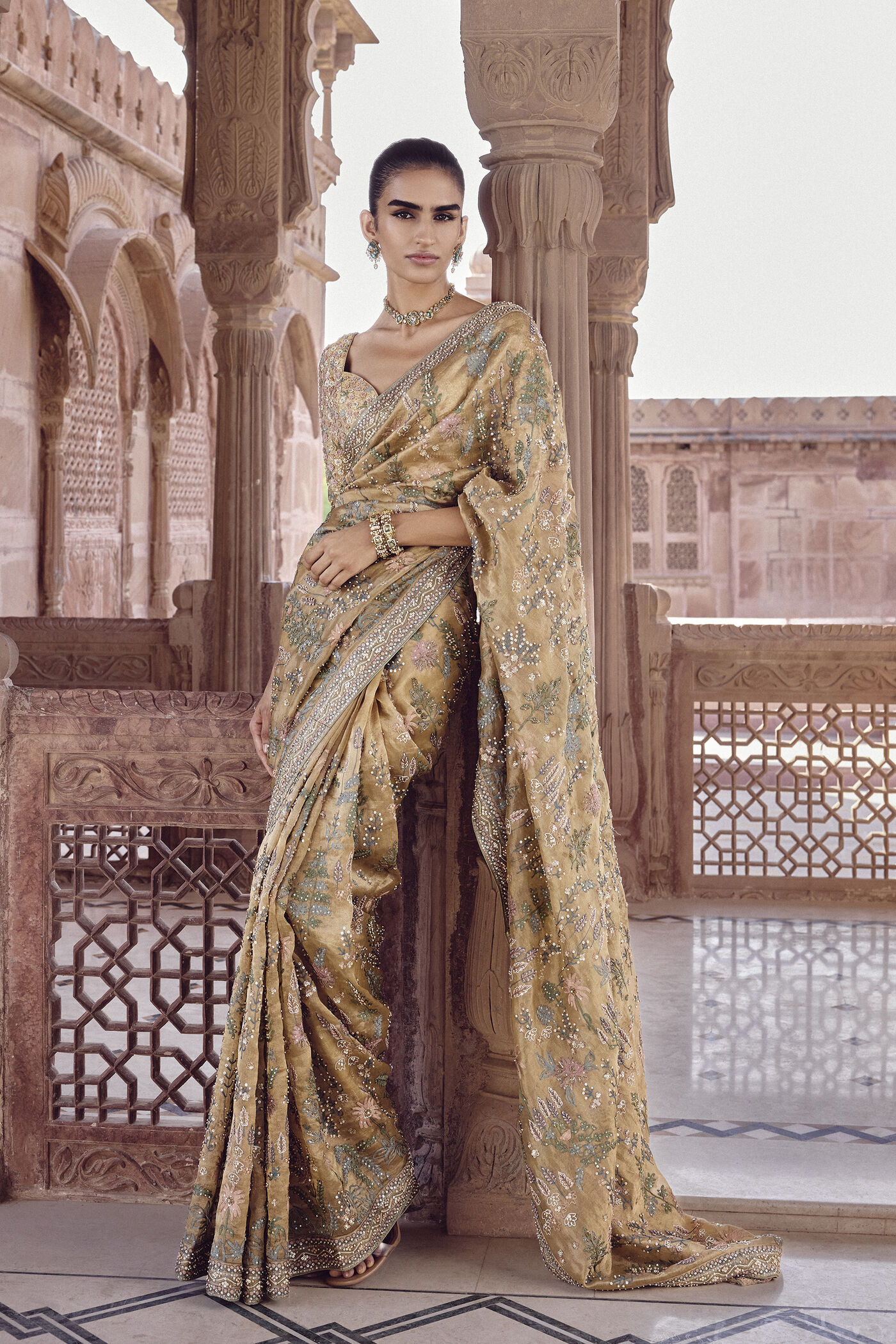 Buy Designer Sahuri Embroidered Silk Saree Gold Online from