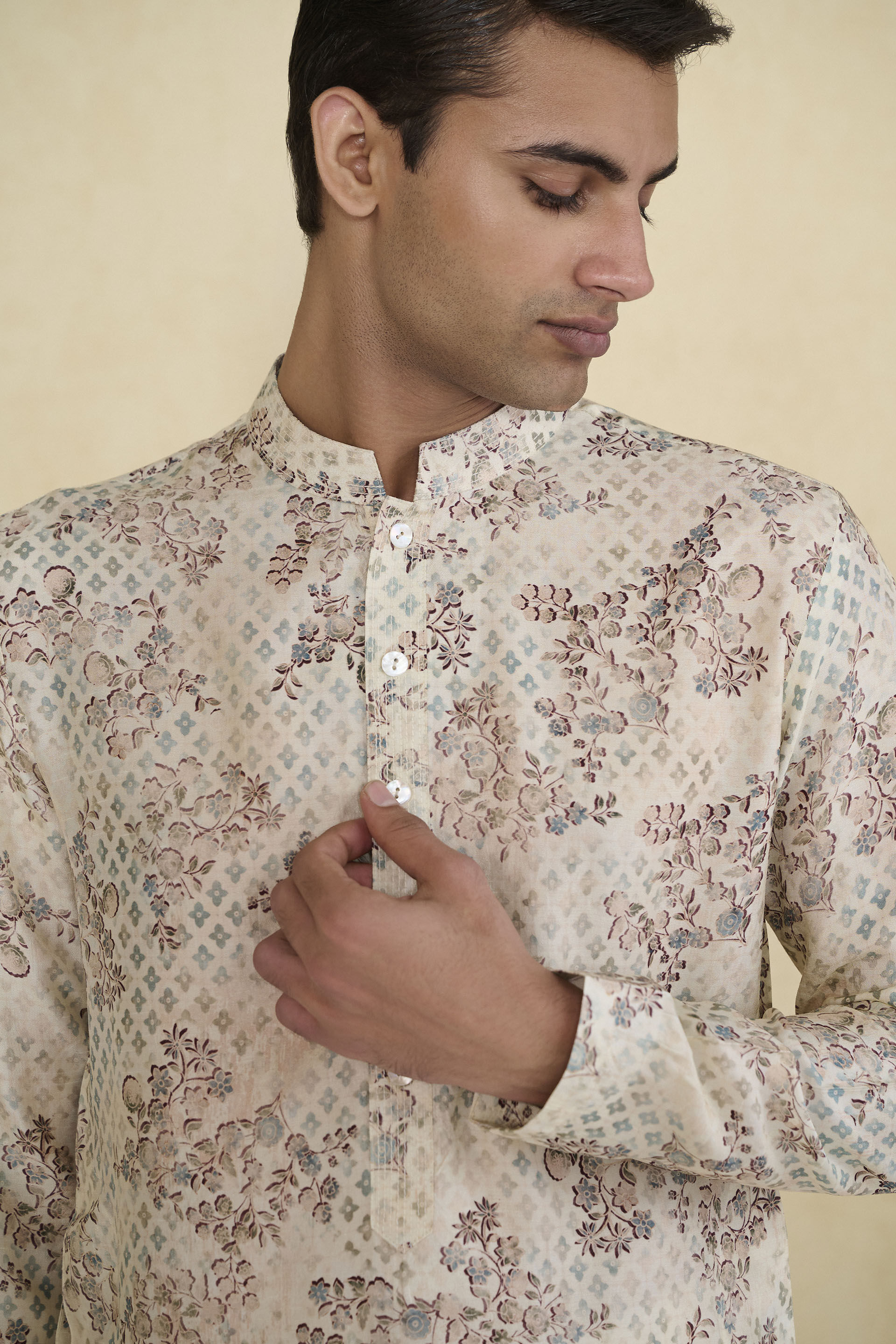 Rukham Printed Silk Kurta - Ivory, Ivory, image 4