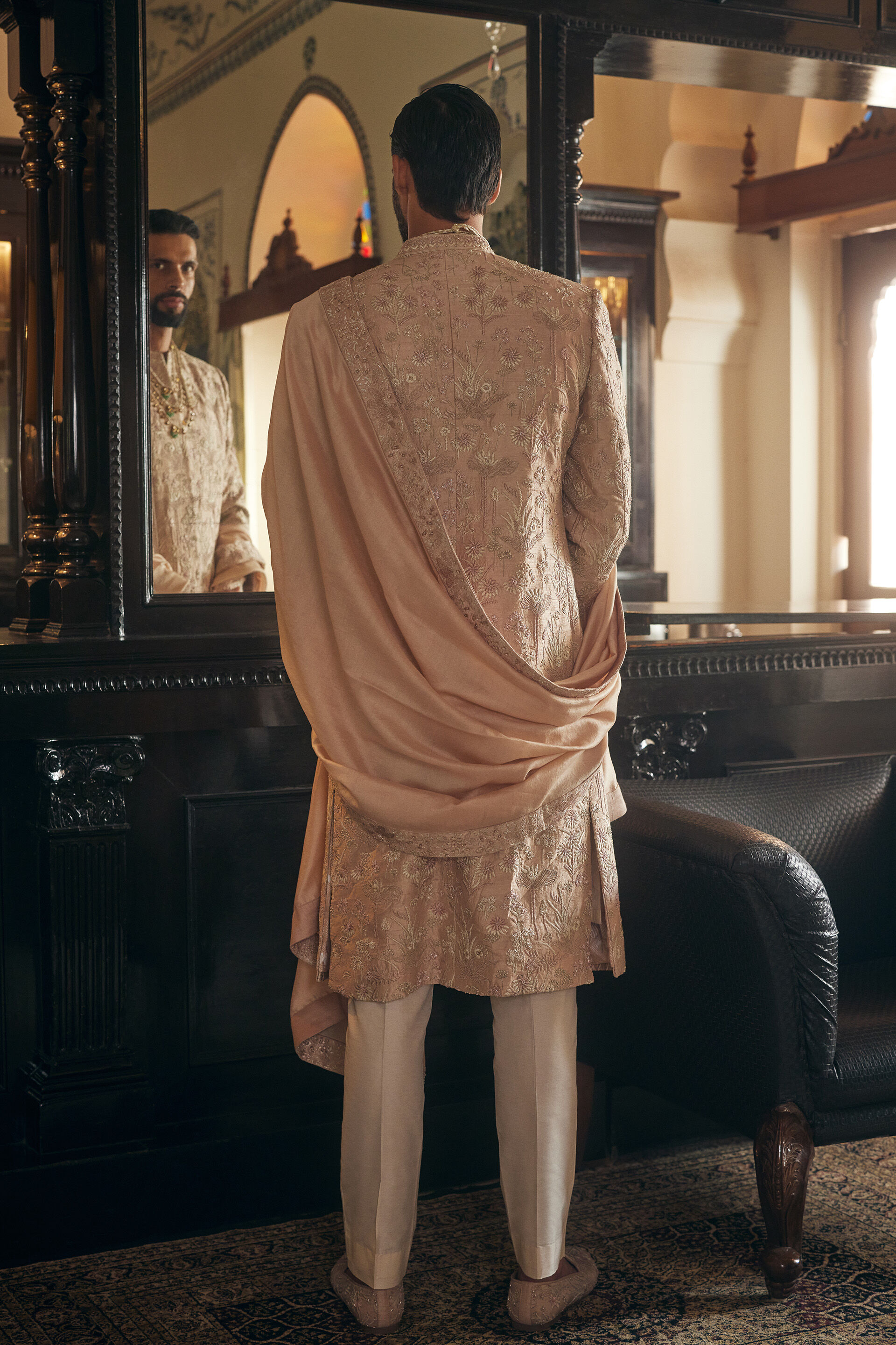 Mahanil Embroidered Silk Sherwani - Champagne