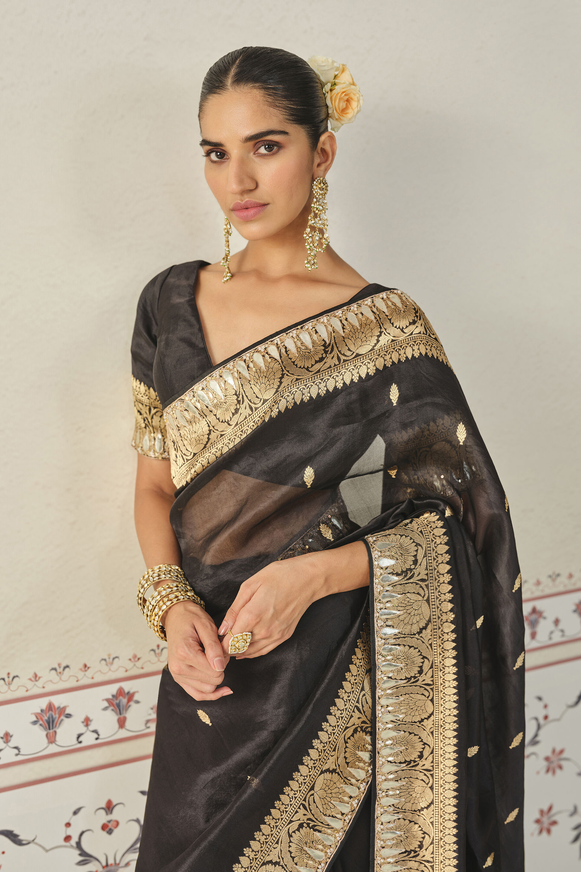 Ulka Handwoven Benarasi Saree Set, Black, image 3